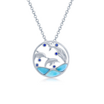 The Larimar Three Diving Dolphins & CZ Necklace by Classic of New York features a rhodium-plated sterling silver circular pendant with three dolphins, blue gemstones, and enamel waves on a silver chain.