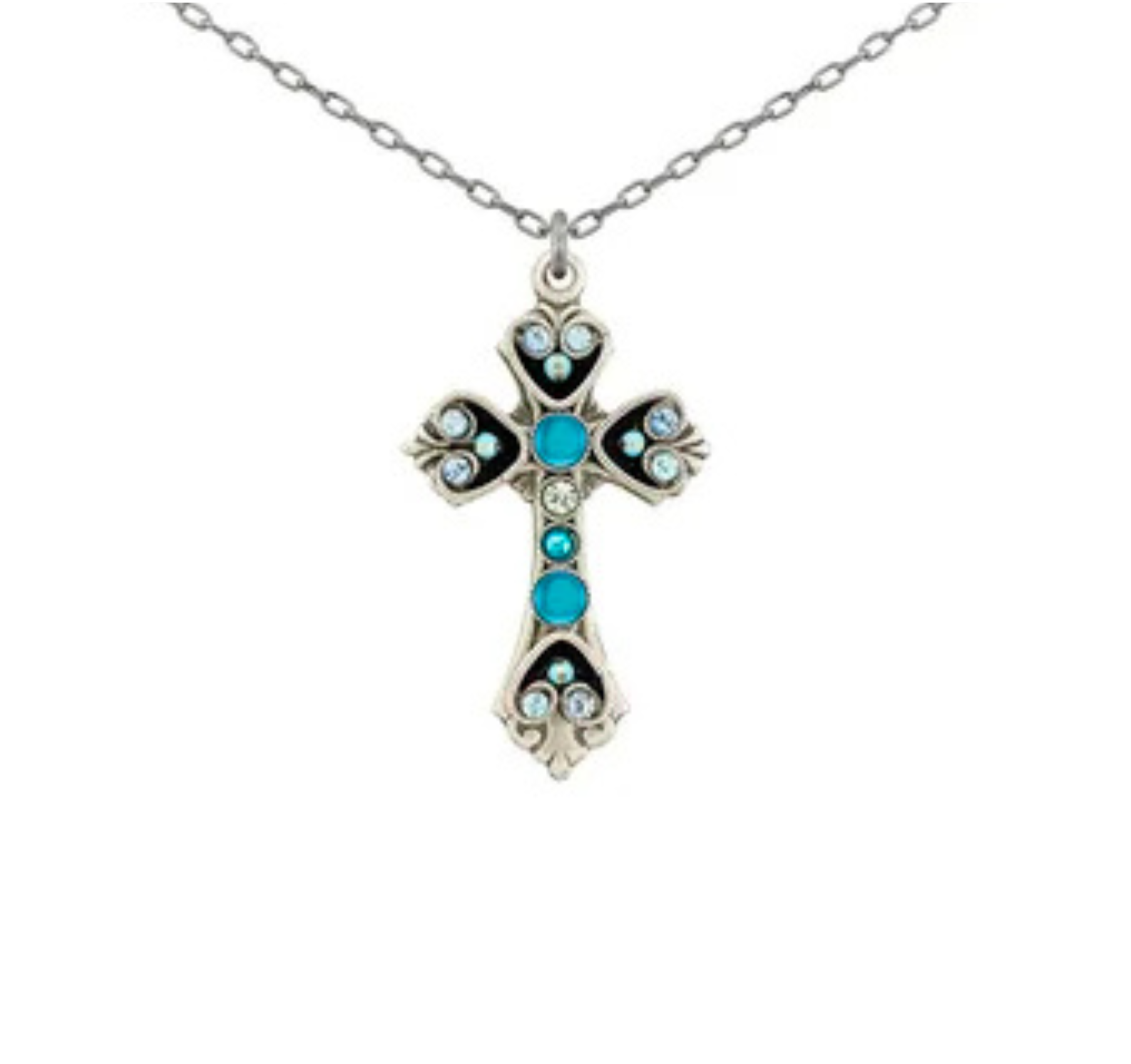 A Moonlight Medium Cross Light Blue (Hearts) Necklace from Firefly is displayed on a white background, featuring a silver cross pendant adorned with light blue and clear gemstones on a fine chain. This elegant piece showcases intricate design inspired by Firefly Jewelry and reflects the artisan craftsmanship of handmade Guatemalan necklaces.