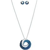 The A-Train Silver Textured Blue Curl Pendant Necklace Set features a round blue curl pendant and matching blue and silver swirl stud earrings, elegantly displayed on a white background.