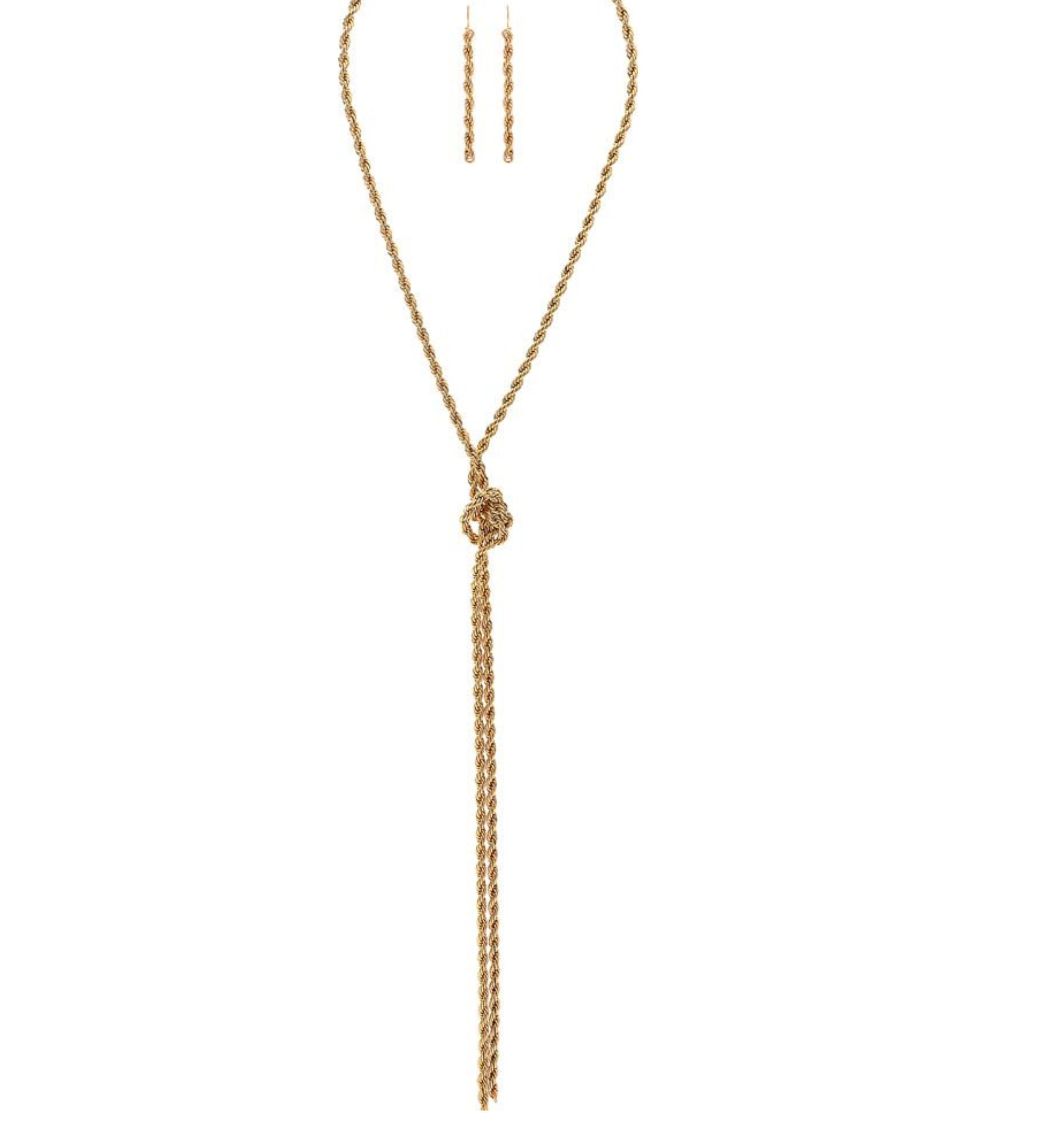 The A-Train Gold Convertible Rope Chain Knot Necklace Set features a central knot with two tassel strands and coordinating gold drop earrings, expertly crafted from mixed jeweler’s metals.