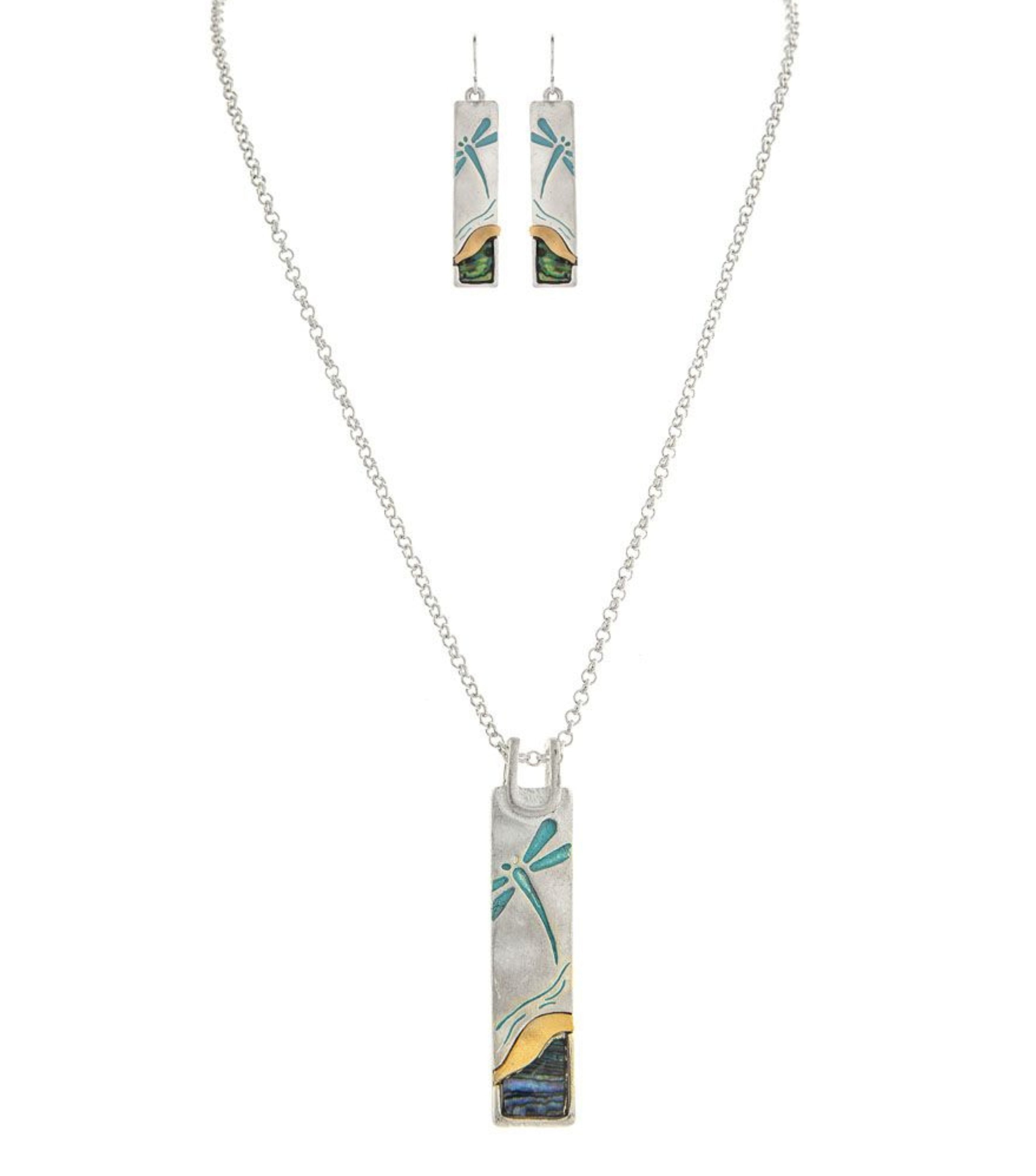 The A-Train Silver Blue Wash Dragonfly Necklace Set includes a necklace and matching earrings with rectangular pendants in abstract teal, blue, yellow, and green, evoking dragonfly and landscape designs.