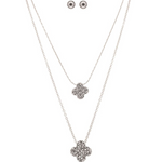The A-Train Silver Double Clover w/Clear Crystals Necklace Set includes a sparkling double clover pendant necklace and matching round crystal stud earrings.