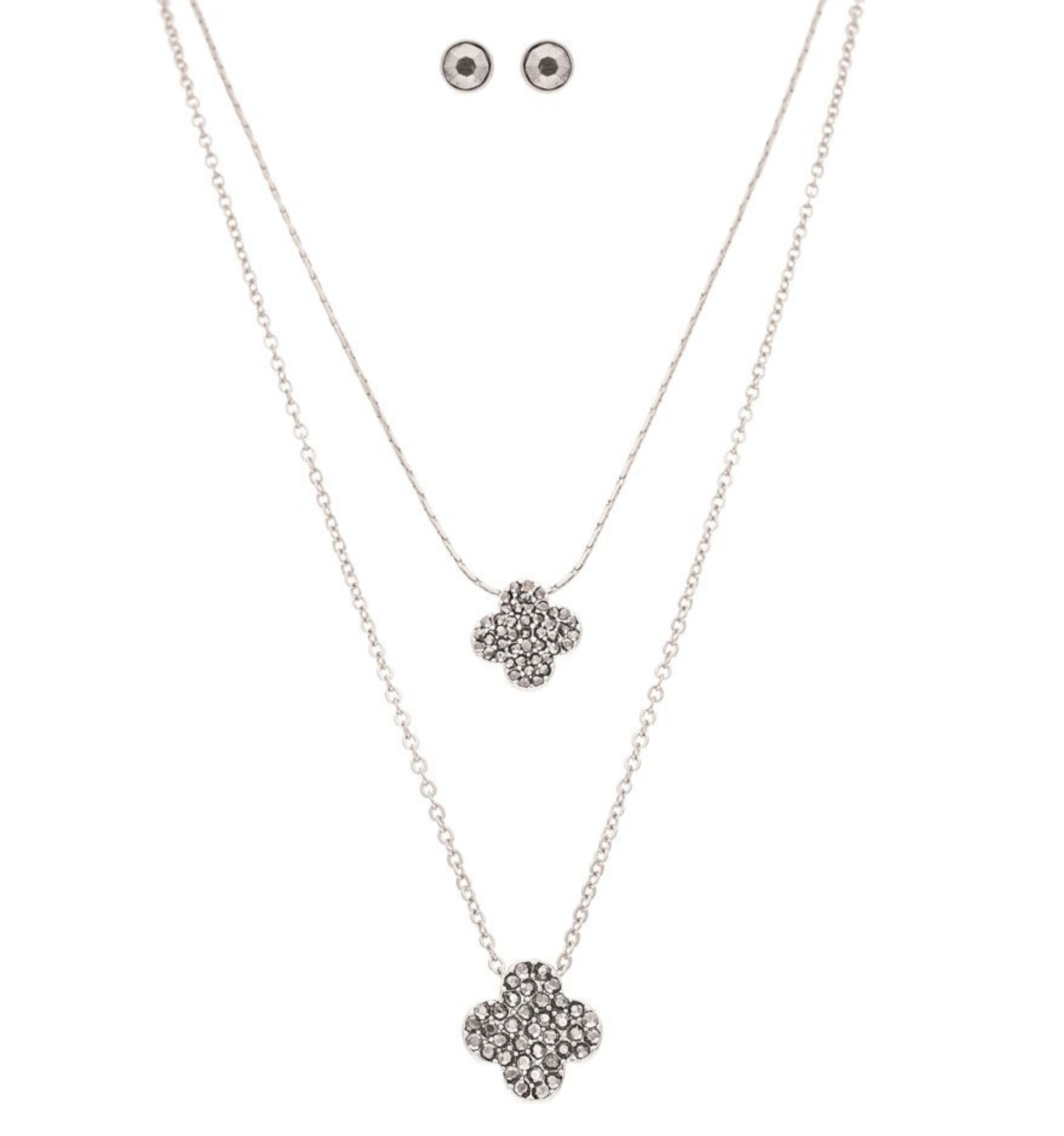 The A-Train Silver Double Clover w/Clear Crystals Necklace Set includes a sparkling double clover pendant necklace and matching round crystal stud earrings.
