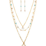 The A-Train Gold Multi Bead Clover Charm Layer Necklace Set features layered gold chains with colorful beads and clover charms, plus matching drop earrings in mixed metals for a vibrant, coordinated look.