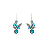 The Moonlight Scallop Earring Light Blue by Firefly is a handmade pair of silver earrings featuring turquoise and blue stones arranged in a floral pattern with delicate leaf accents.