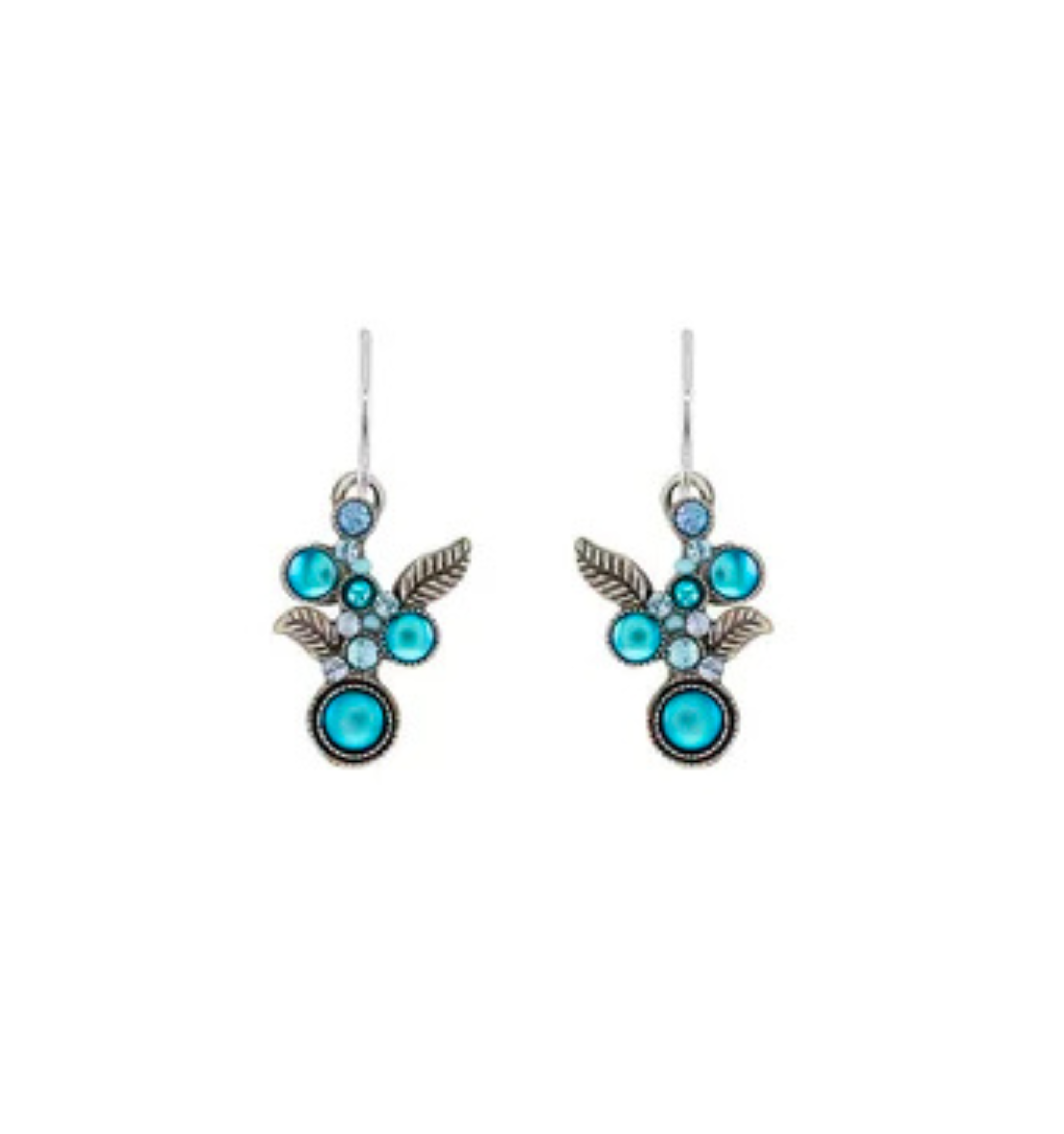 The Moonlight Scallop Earring Light Blue by Firefly is a handmade pair of silver earrings featuring turquoise and blue stones arranged in a floral pattern with delicate leaf accents.