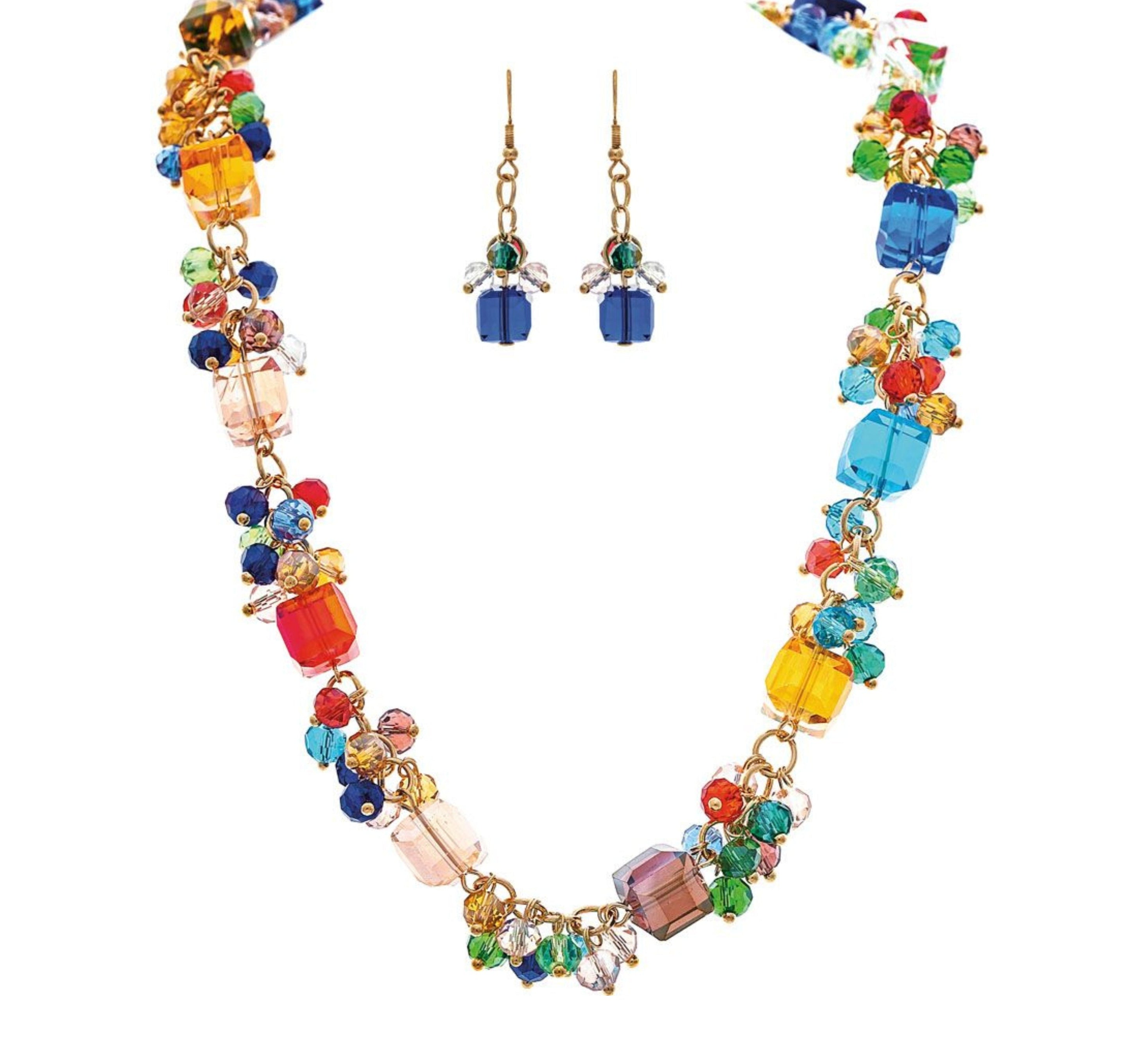 The A-Train Gold Multi Bauble Chunky Bead Necklace Set features a gold chain necklace with bold, colorful bauble beads and matching earrings, perfect for adding vibrant style to any look.