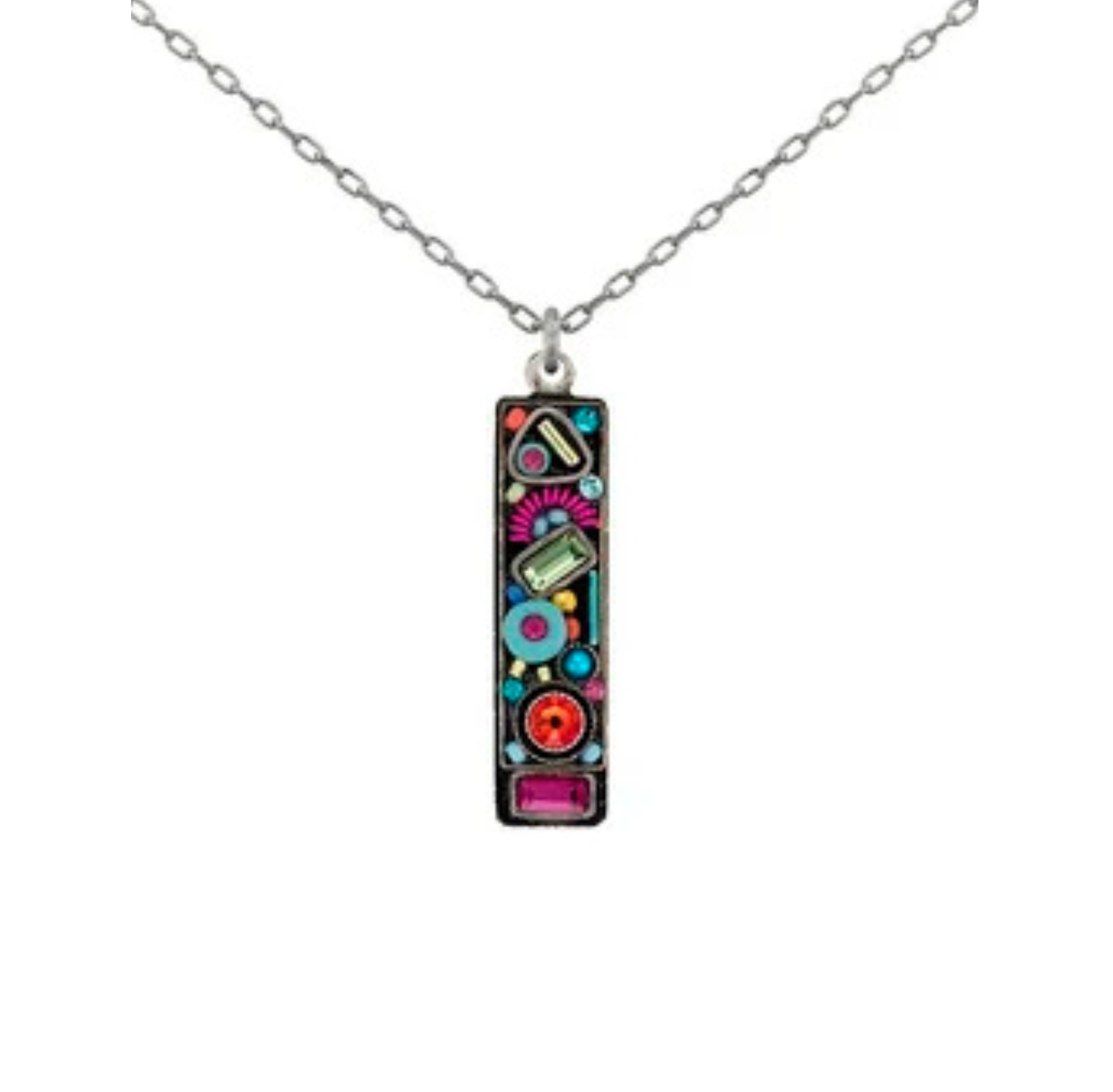 The Calypso Rectangle Multi-Color Pendant Necklace by Firefly features a silver chain and a rectangular pendant adorned with vibrant geometric shapes and patterns in pink, blue, red, and green, exemplifying the exquisite handmade craftsmanship for which Firefly is known.