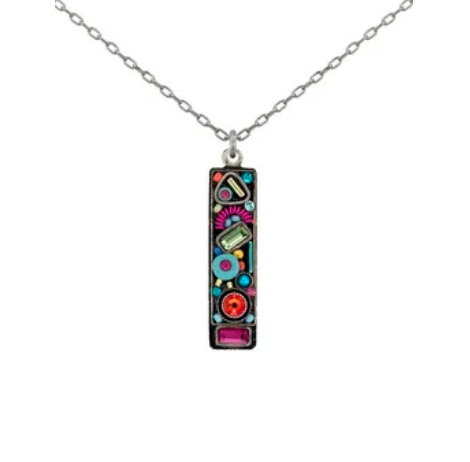The Calypso Rectangle Multi-Color Pendant Necklace by Firefly features a silver chain and a rectangular pendant adorned with vibrant geometric shapes and patterns in pink, blue, red, and green, exemplifying the exquisite handmade craftsmanship for which Firefly is known.