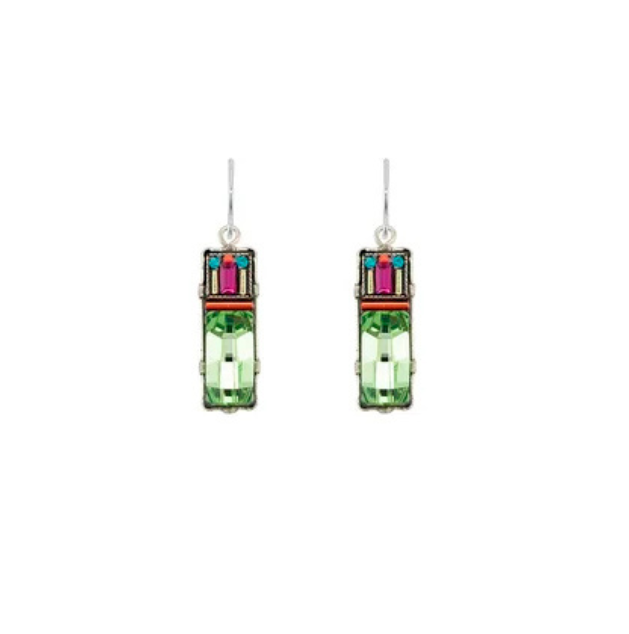 Introducing the Firefly Geometric 2 Tier w/Peridot Accents Multi-Color Earrings: handcrafted in Guatemala, these rectangular earrings showcase green, pink, and blue gemstones—plus peridot accents—set in silver-tone metal. Vibrant and artistic, they are a signature accessory from Firefly Jewelry.