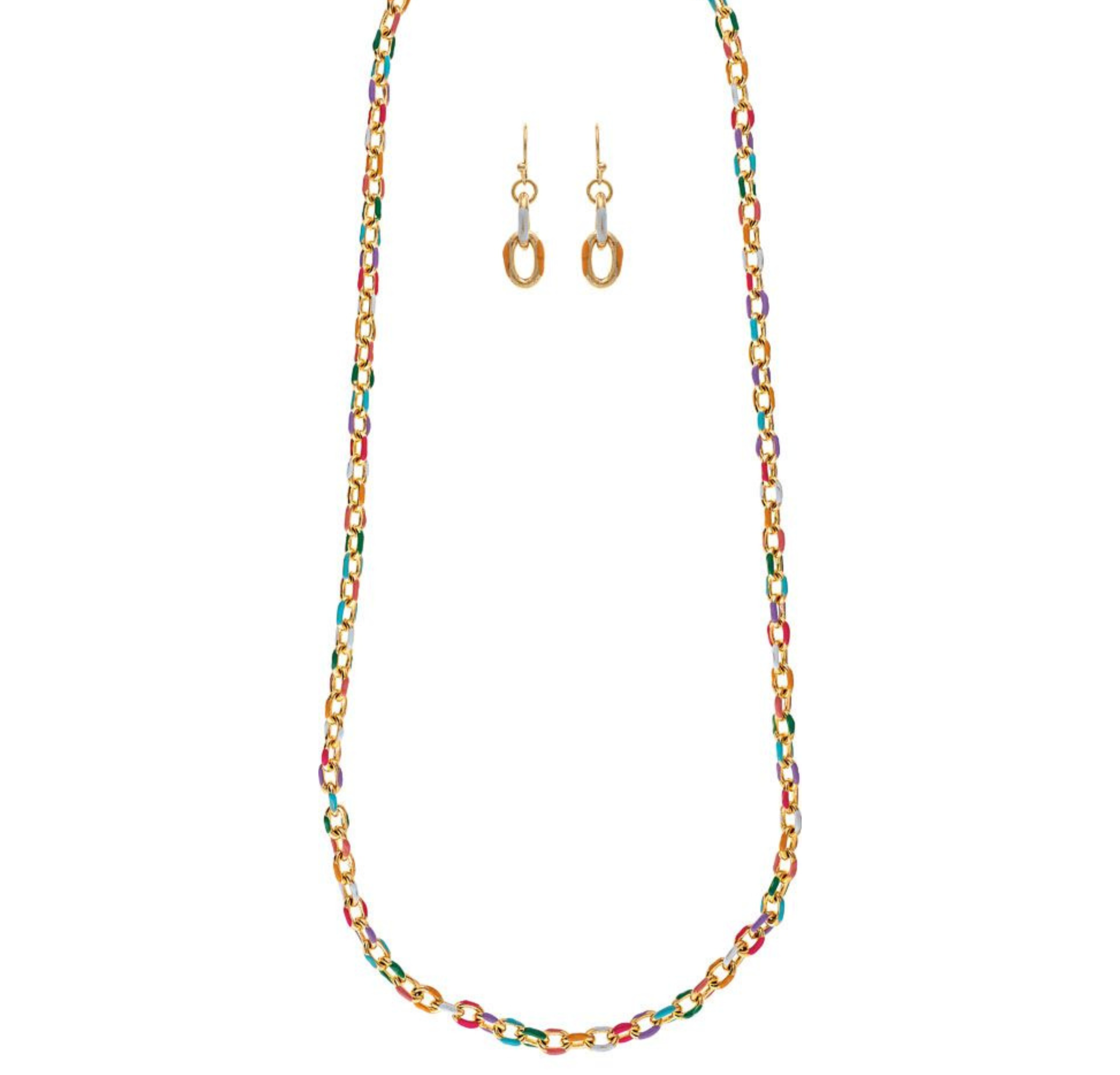 The A-Train Gold Multi Enamel Dipped Chain Necklace Set features a vibrant gold necklace with colorful links and matching hoop earrings, elegantly displayed on a white background.
