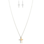 The A-Train Two-Toned Delicate Double Cross Necklace Set features a gold and silver cross necklace with sparkling stones, paired with matching silver cross earrings for a chic, coordinated look.