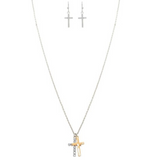 The A-Train Two-Toned Delicate Double Cross Necklace Set features a gold and silver cross necklace with sparkling stones, paired with matching silver cross earrings for a chic, coordinated look.
