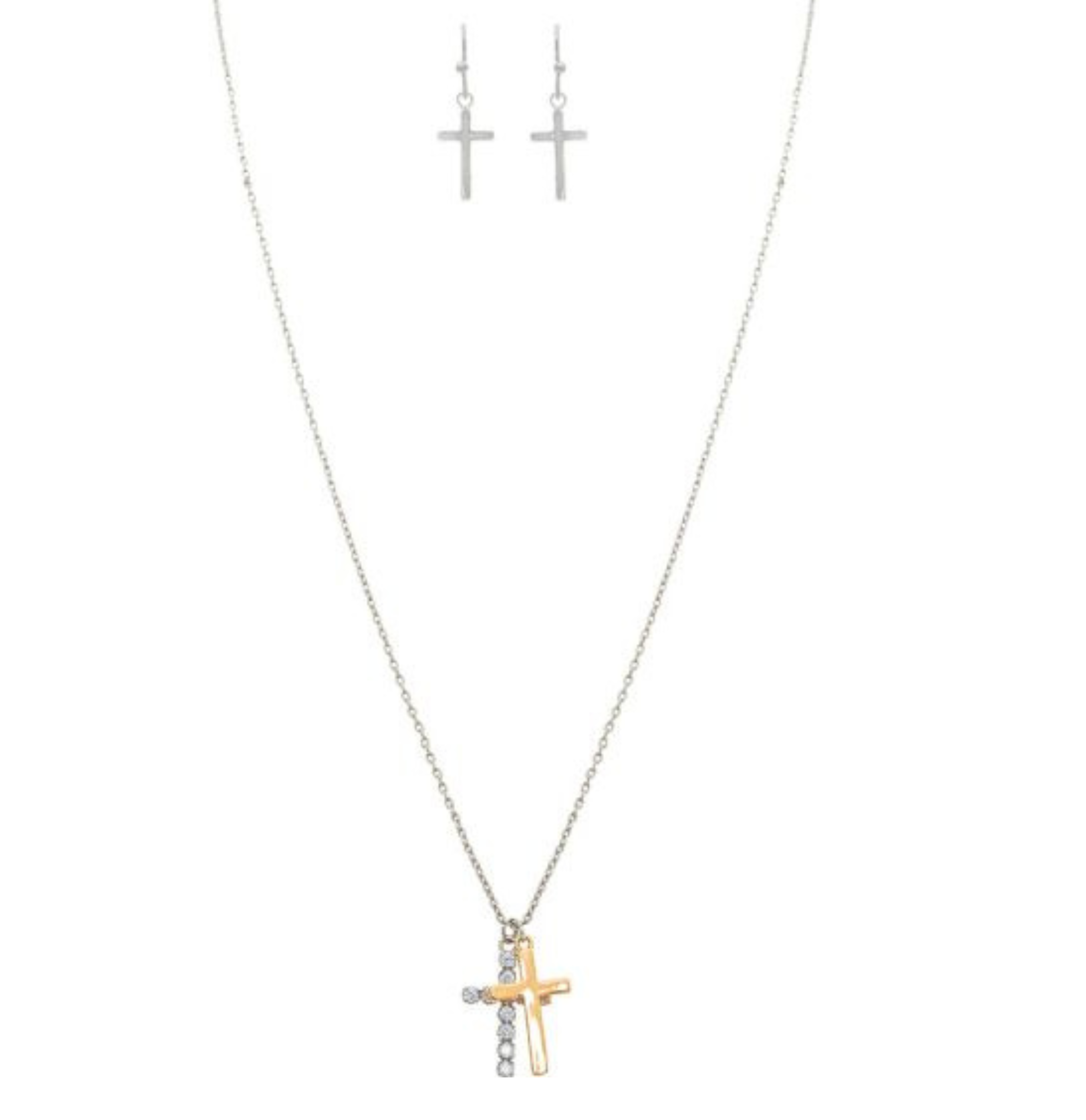 The A-Train Two-Toned Delicate Double Cross Necklace Set features a gold and silver cross necklace with sparkling stones, paired with matching silver cross earrings for a chic, coordinated look.