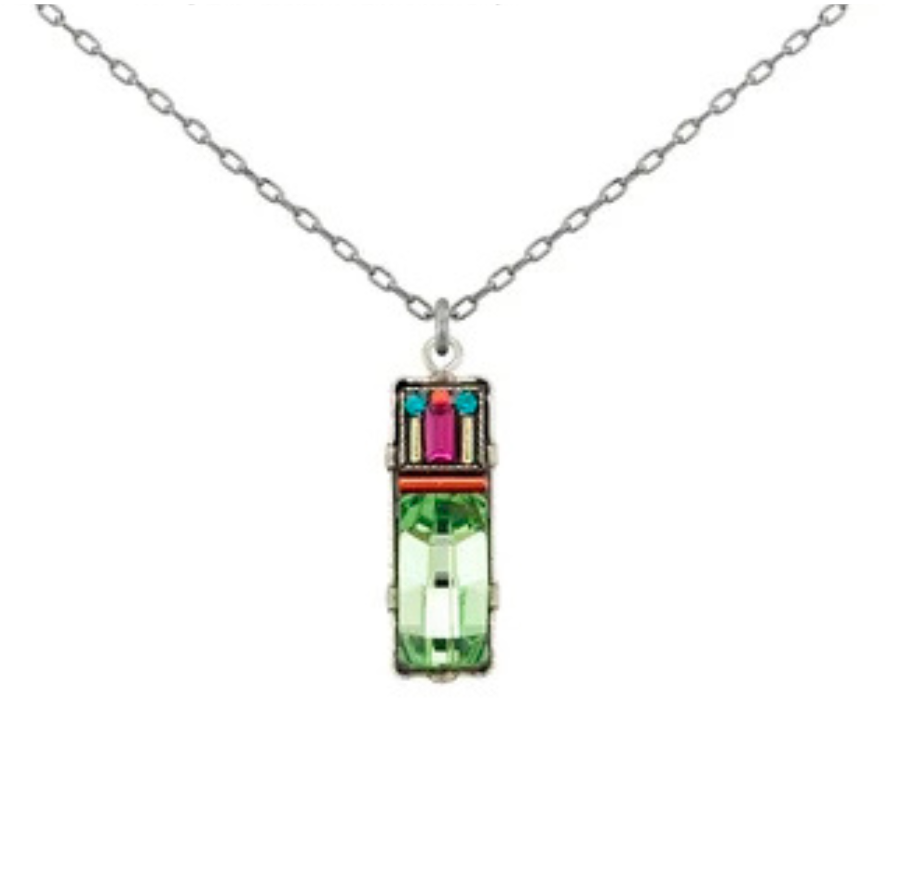 Introducing the Architectural Rectangle Pendant Multi-Color Necklace by Firefly—a silver chain necklace adorned with a striking rectangular green jewel, topped with pink, blue, and red colorful accents. This handmade piece showcases Firefly's signature vibrant design and expert craftsmanship as part of their fair-trade jewelry collection.