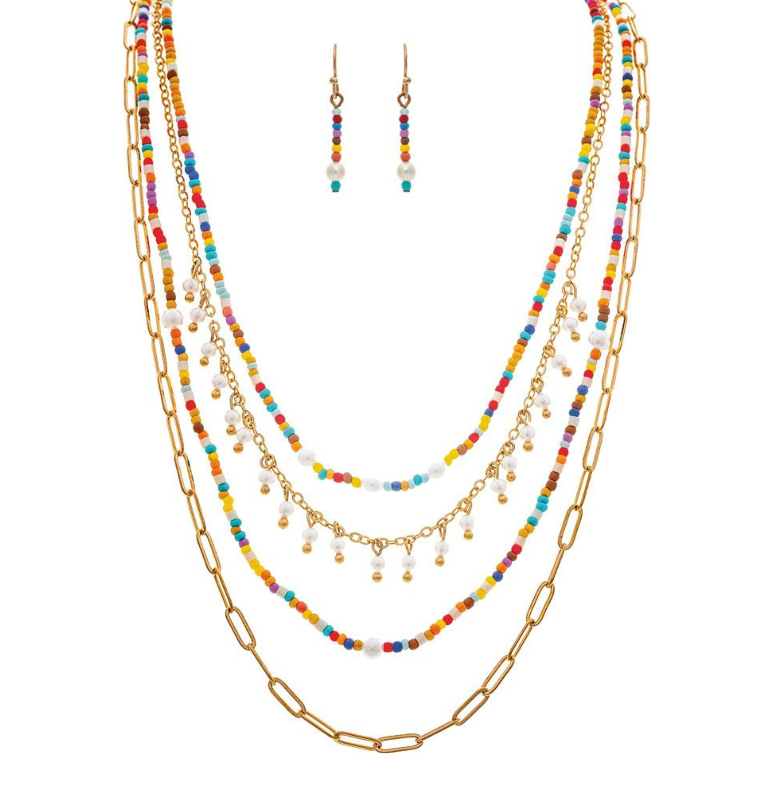 The A-Train Gold Bright Multi Bead Chain Layer Necklace Set features a gold necklace with colorful beads, small pearl accents, and matching dangling beaded earrings, all shown on a white background.