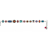Sure! Here is a rewritten version using the provided product data: The Firefly Architectural Double Line Multi-Color Bracelet features a silver design adorned with colorful, variously shaped gemstones in intricate decorative settings. Inspired by vibrant handmade jewelry from Guatemala, this fair-trade piece includes an adjustable clasp and a petite pink charm at the end, showcasing Firefly's artistry and commitment to ethical craftsmanship.