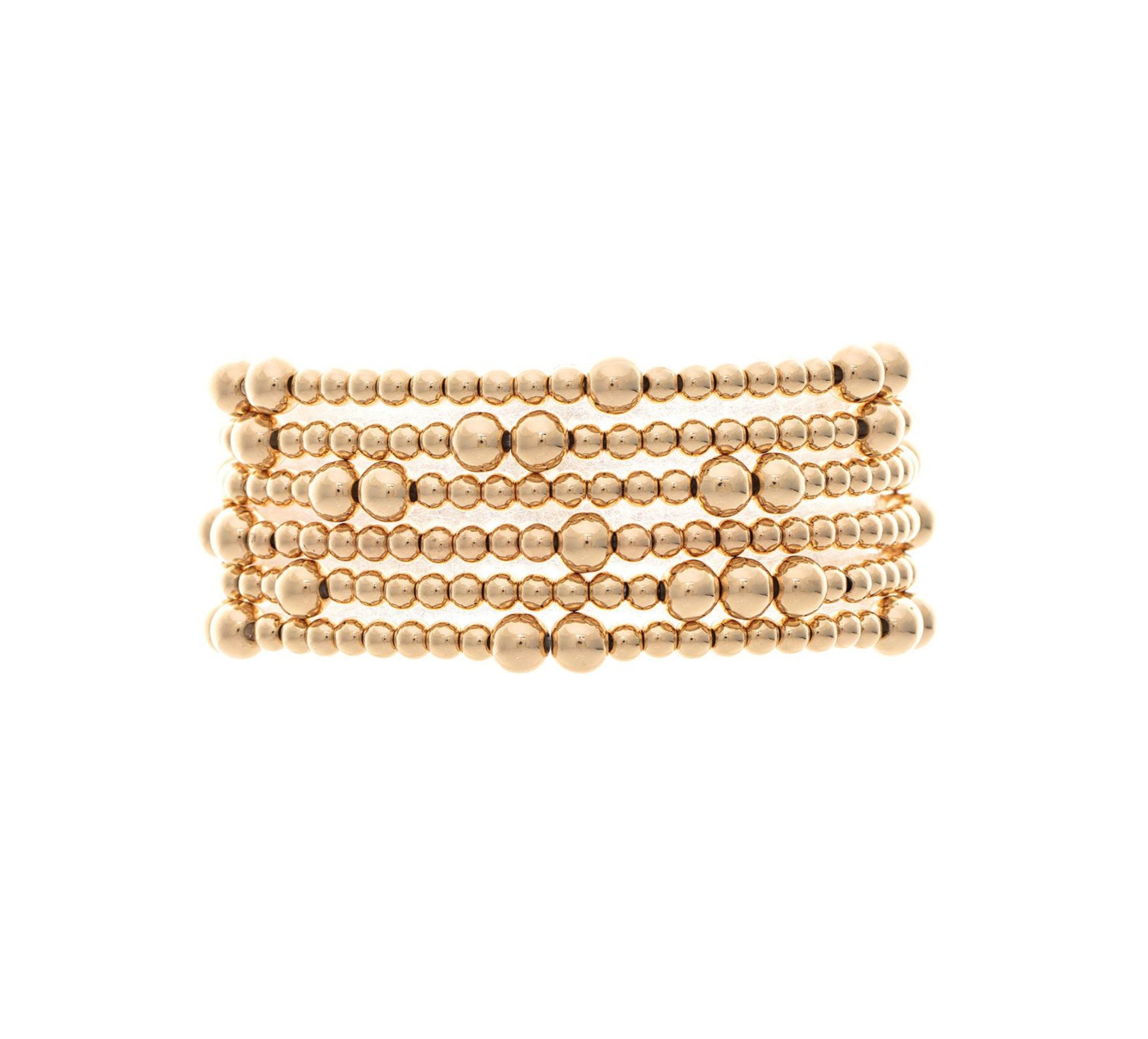 The A-Train Gold Mixed Ball Bead 6 Piece Set Bracelet features multiple rows of small, round gold beads in a stacked design, creating an elegant look against a white background.