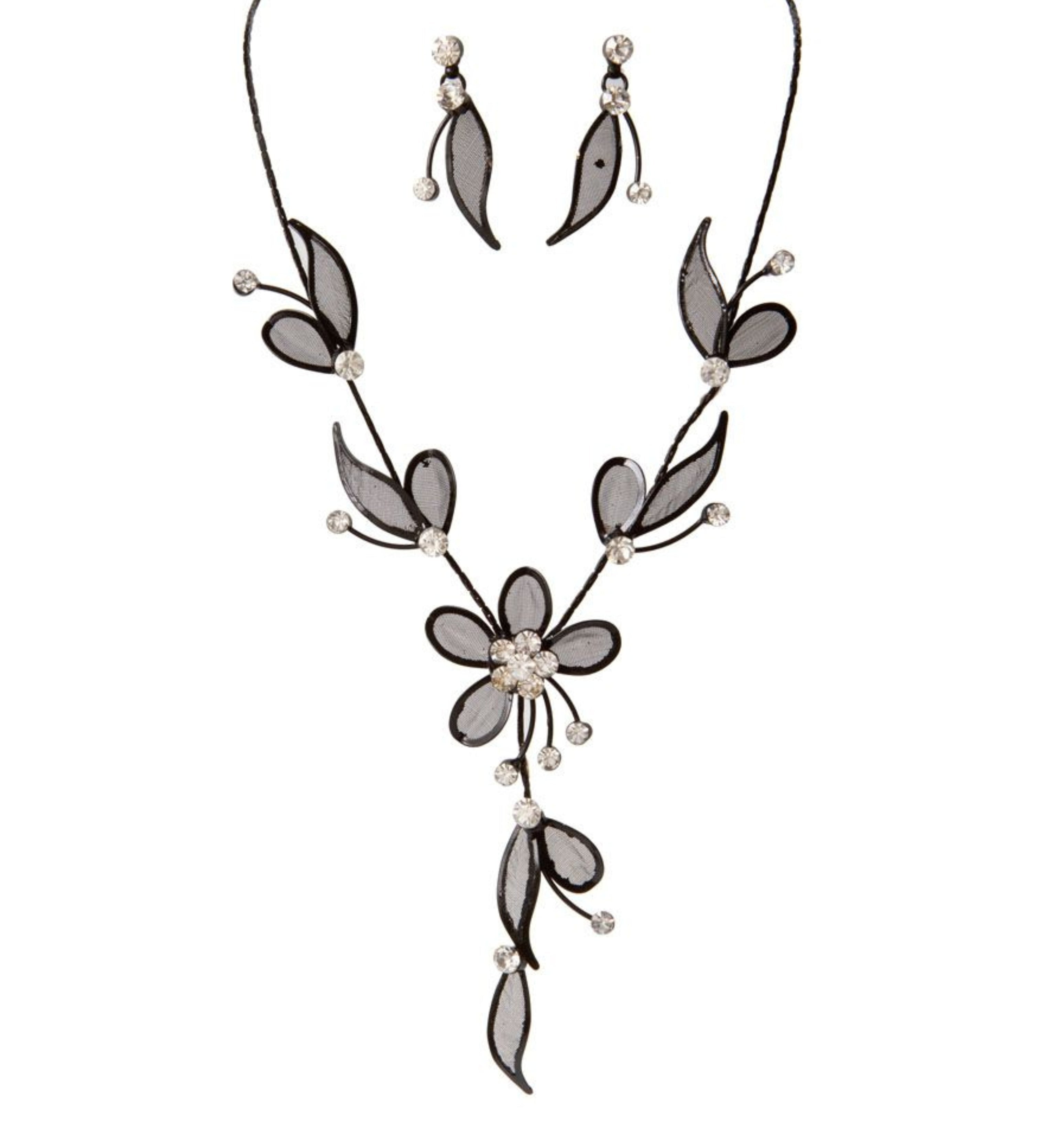 The A-Train Mesh Leaf Flower Black Necklace Set features black mesh and sheer petal shapes with clear crystals, creating an elegant floral design.