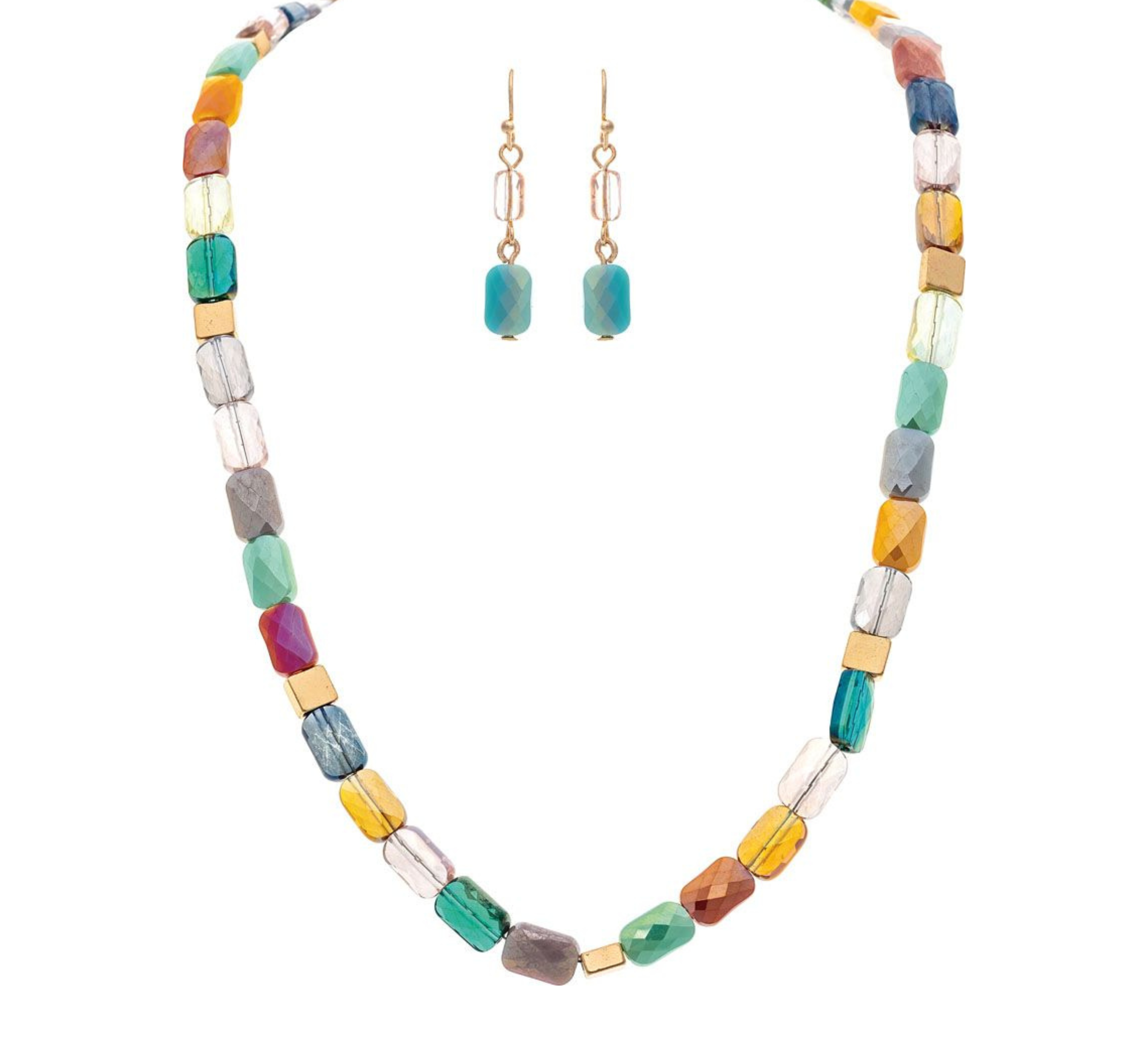 The A-Train Gold Multi Fire Polish Faceted Beads Necklace Set showcases vibrant cube and faceted beads in multiple colors, paired with matching dangle earrings featuring turquoise blue beads and gold hooks, all crafted from premium mixed jeweler’s metals.