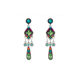 Add a touch of color to your look with the Geometric Oval Earring with Peridot Accents by Firefly. These artistic earrings feature vibrant turquoise, green, and purple gems arranged in eye-catching geometric oval shapes, accented with firefly-inspired peridot details. Each earring is adorned with three small dangling beads and beautifully displayed against a crisp white background.
