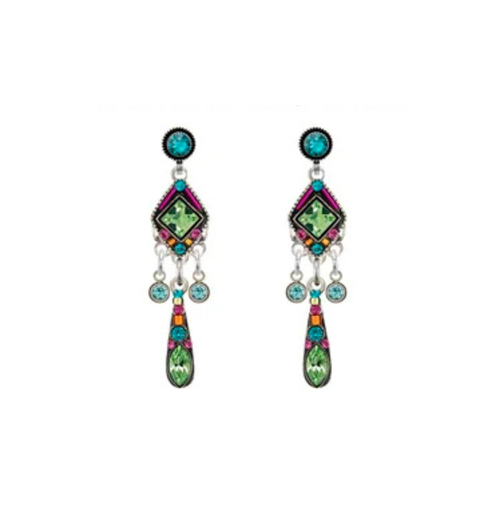 Add a touch of color to your look with the Geometric Oval Earring with Peridot Accents by Firefly. These artistic earrings feature vibrant turquoise, green, and purple gems arranged in eye-catching geometric oval shapes, accented with firefly-inspired peridot details. Each earring is adorned with three small dangling beads and beautifully displayed against a crisp white background.