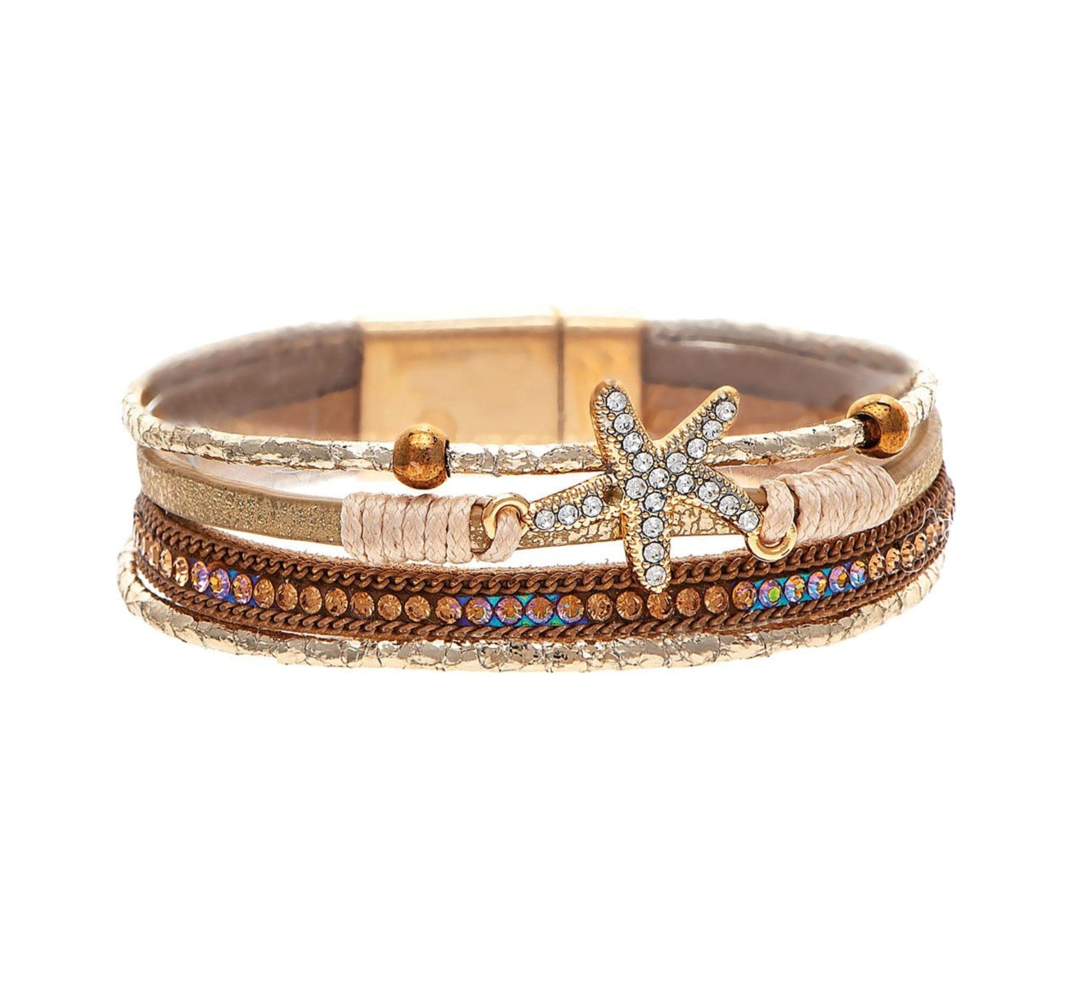 The A-Train Gold Ivory Crystal Starfish Magnetic Bracelet features metallic accents, delicate beads, and a rhinestone-studded starfish charm, elegantly showcased on a white background.