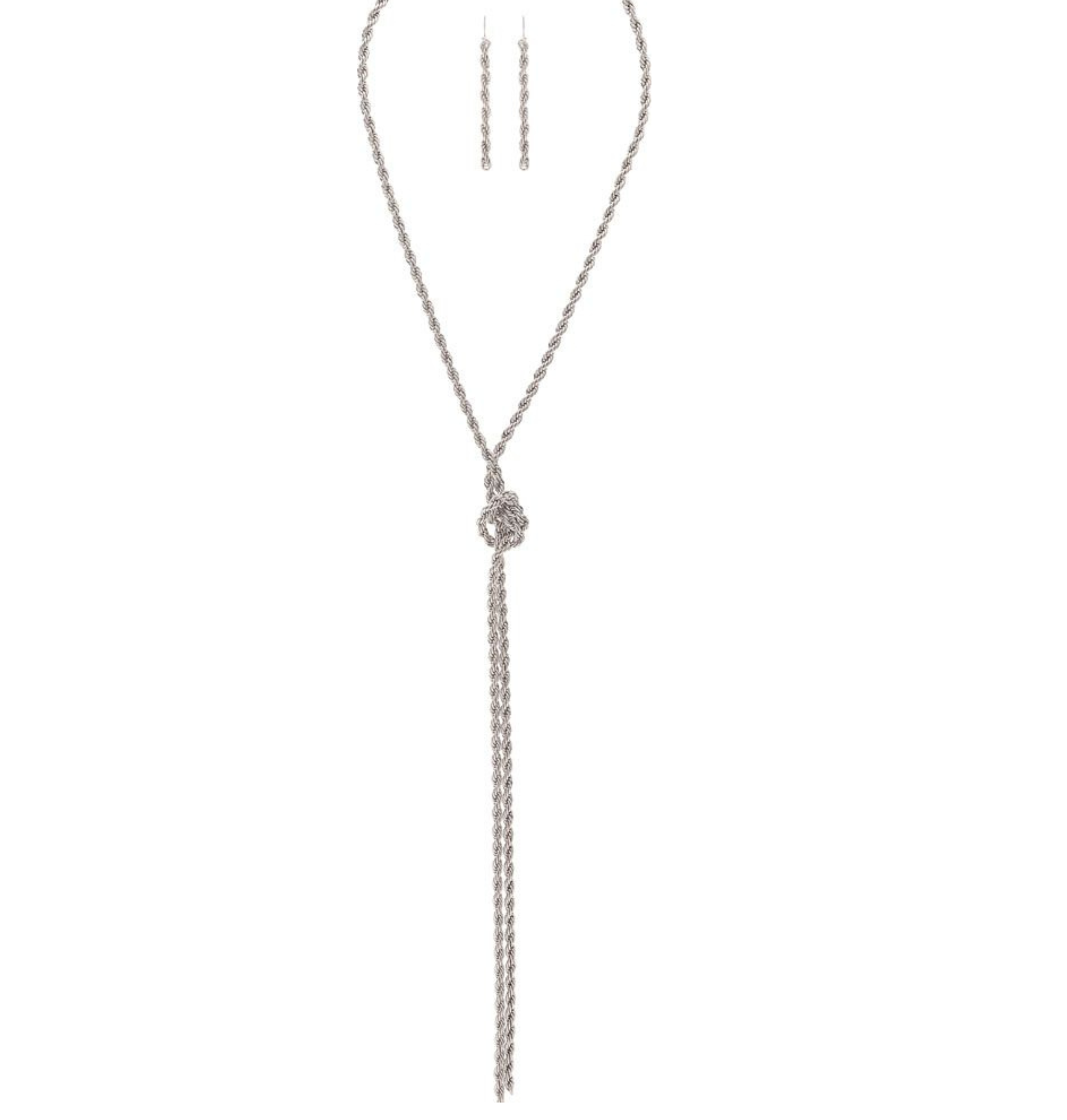 The A-Train Silver Convertible Rope Chain Knot Necklace Set features a long tassel necklace and matching drop earrings, shown on a plain white background for a versatile look.