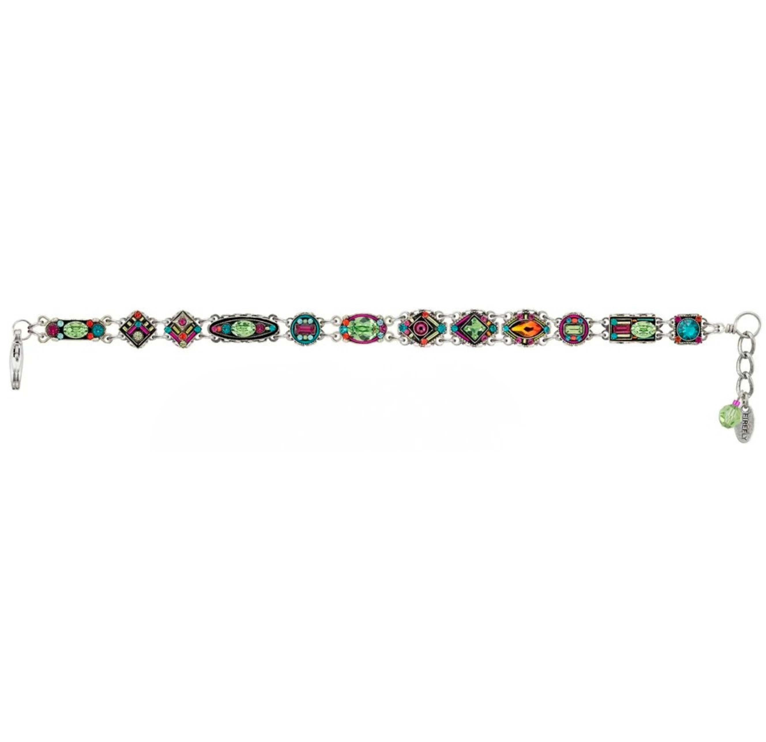 Introducing the Geometric Skinny Bracelet w/Peridot Accents by Firefly Jewelry—a vibrant, handcrafted piece from Guatemala showcasing geometric patterns and sparkling peridot accents, complete with an adjustable clasp for a perfect fit.