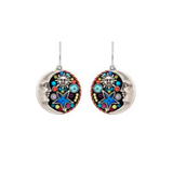 The Luna w/Star Round Dangle Earrings by Firefly showcase silver crescent moons, colorful embedded gems, a striking blue star, and an intricately detailed cosmic face—unique pieces from Firefly Jewelry that beautifully embody the artistry of fair trade craftsmanship.