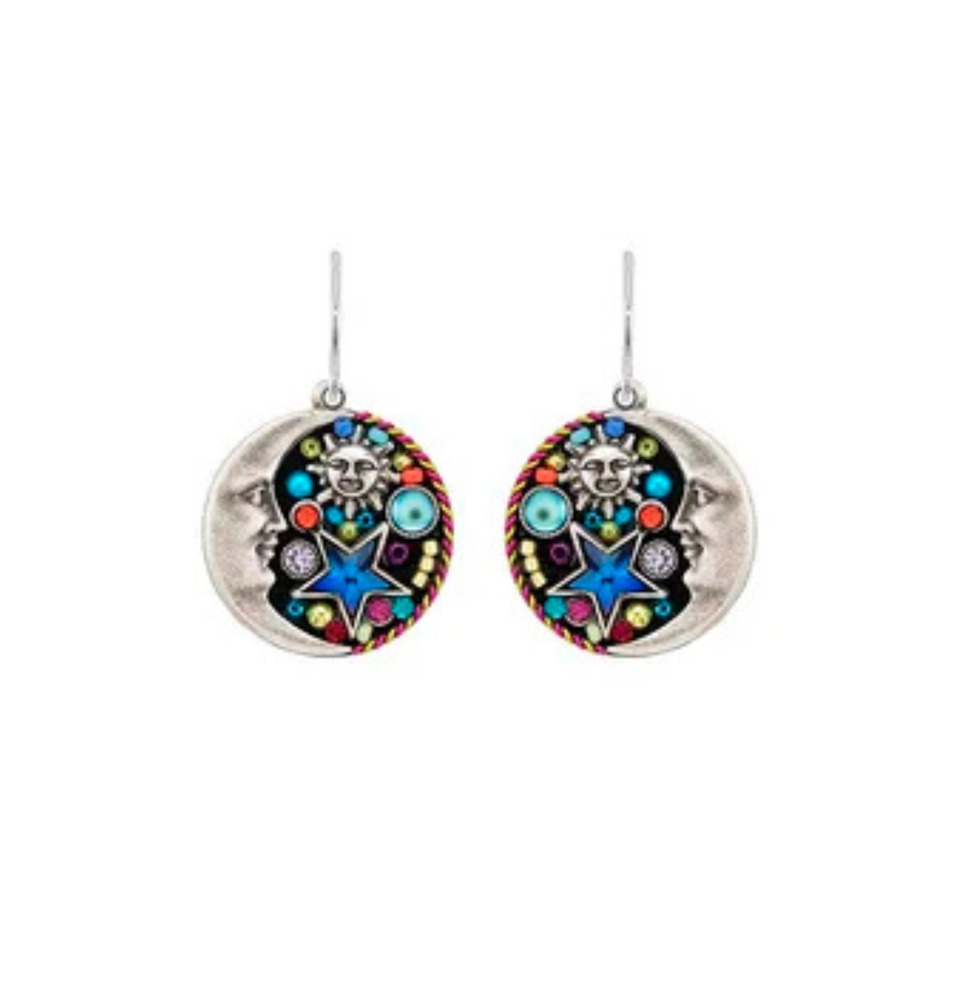 The Luna w/Star Round Dangle Earrings by Firefly showcase silver crescent moons, colorful embedded gems, a striking blue star, and an intricately detailed cosmic face—unique pieces from Firefly Jewelry that beautifully embody the artistry of fair trade craftsmanship.