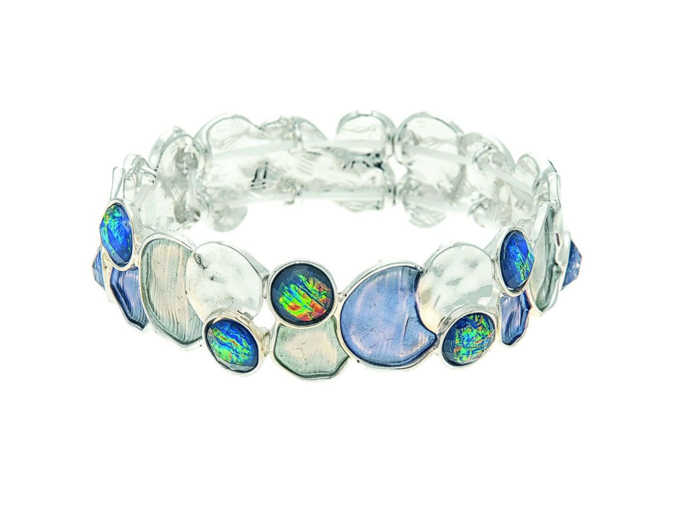 The A-Train Silver Blue & Gray Bubbles Bracelet showcases irregular textured mixed metals and iridescent opal stones arranged in a repeating pattern for a stylish, versatile look.