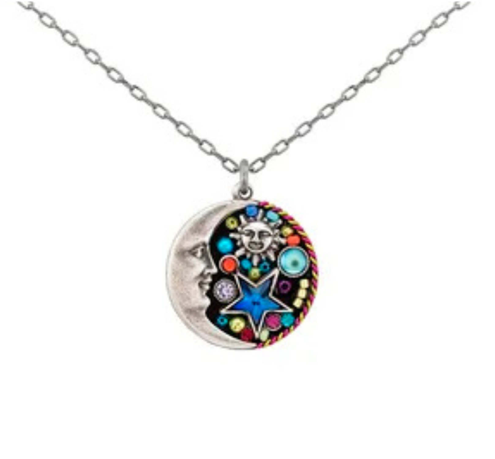 The Luna w/Star Round Necklace by Firefly features a handcrafted round pendant with a silver crescent moon face on one side and vibrant designs of a sun, star, and gemstones on the other.