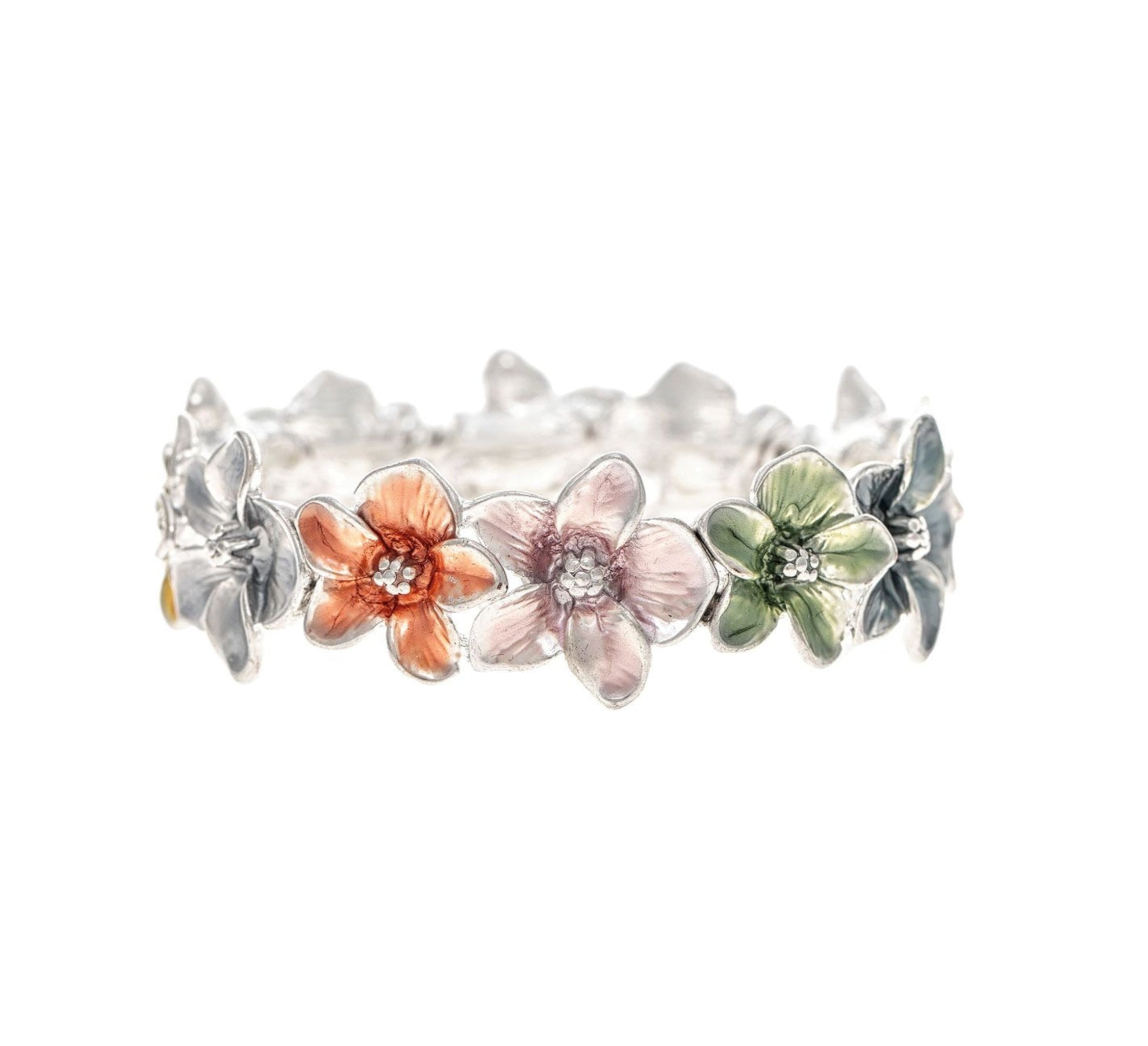 Discover the A-Train Silver Multi-Color Painted Flower Bracelet, crafted from premium mixed metals and adorned with pastel orange, pink, green, and blue flowers with a polished finish and delicate petal details.