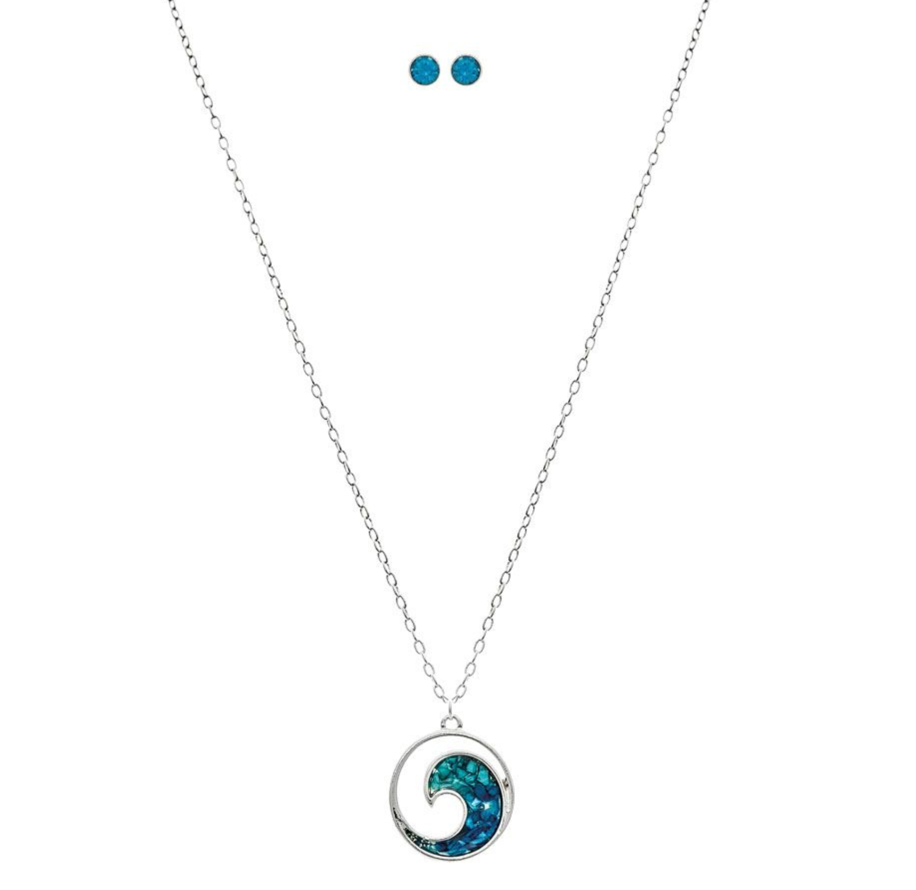 The A-Train Silver Bluewater Inlay Rip Curl Necklace Set features a circular pendant and matching blue stud earrings, elegantly displayed on a white background.