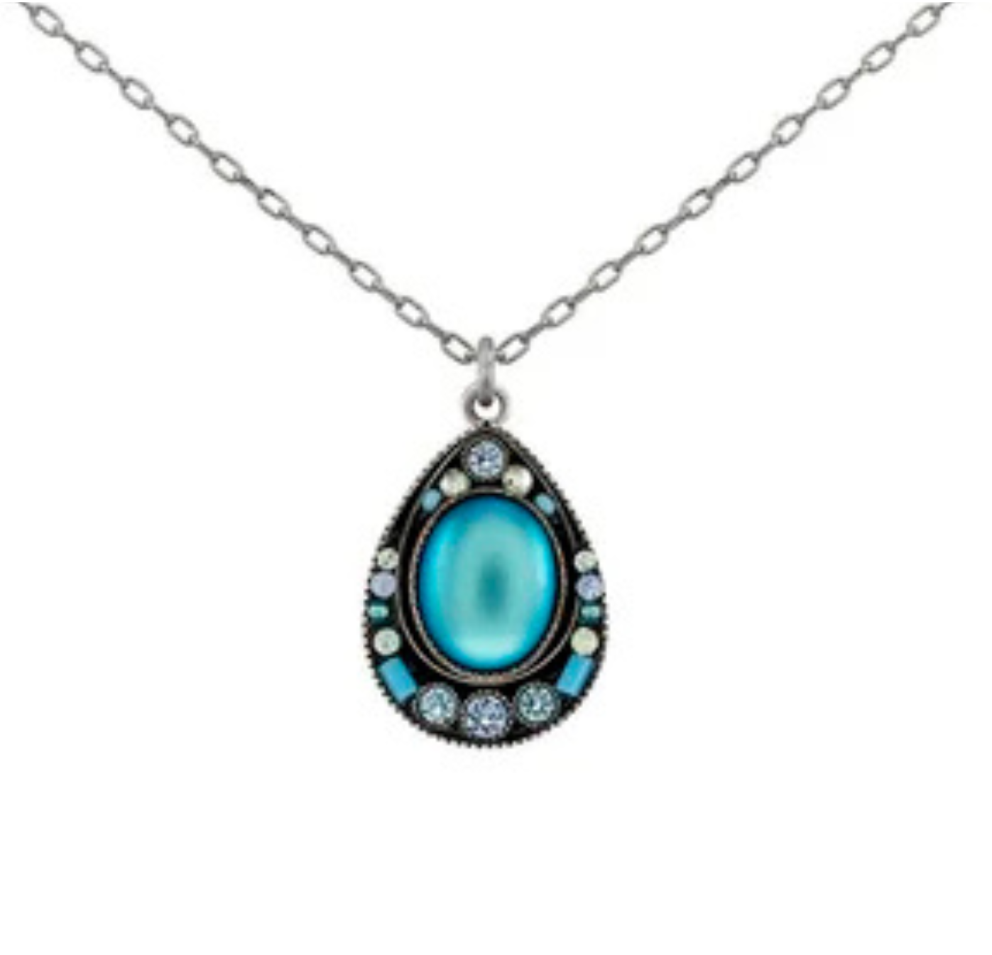 Discover the Moonlight Simple Drop Wide Pendant Light Blue Necklace from Firefly—a stunning piece of handmade fair-trade jewelry. This silver chain necklace features a teardrop-shaped pendant with a vibrant light blue center, beautifully accented by small round white and blue stones.
