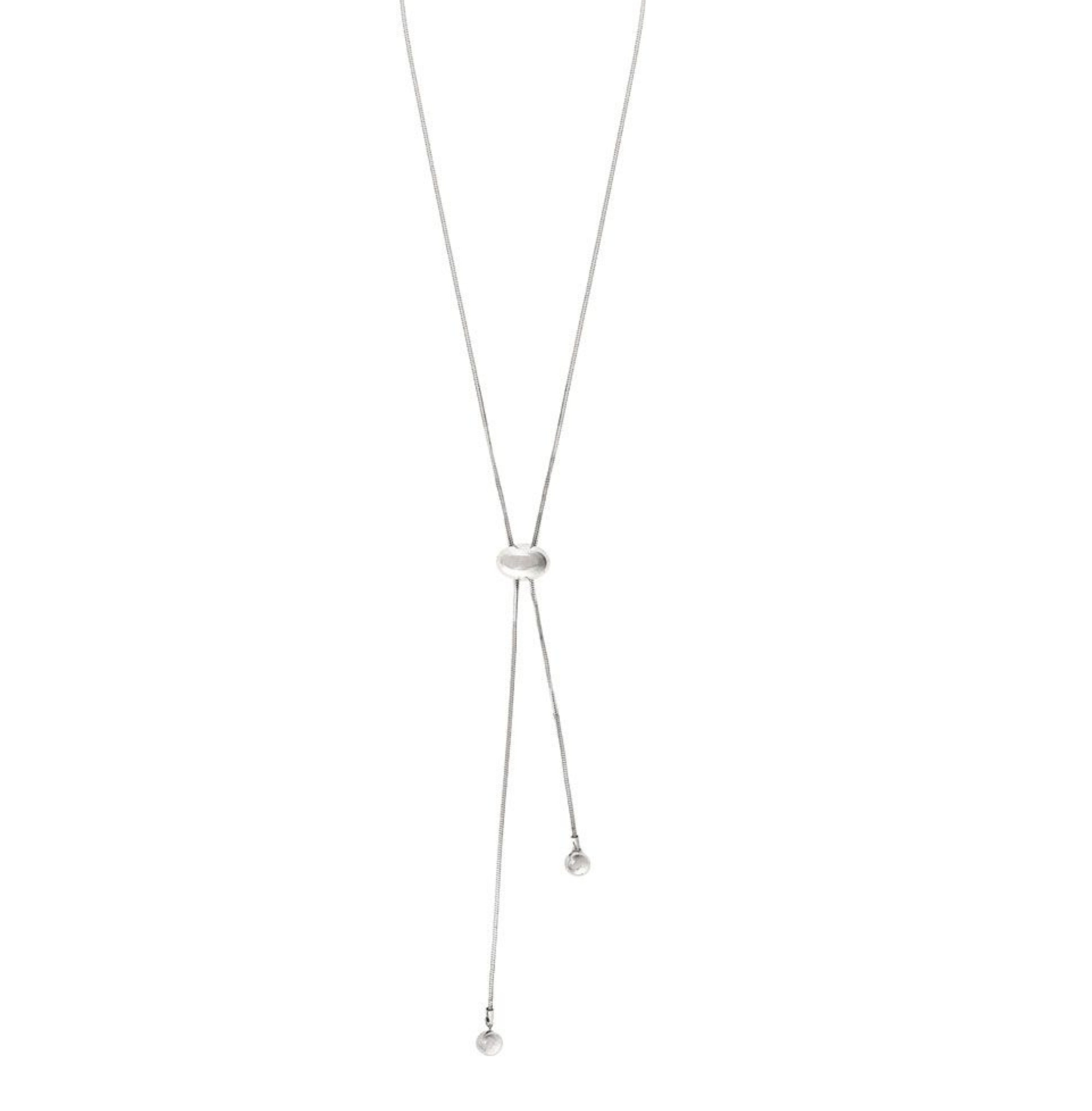 The A-Train Silver Bean Chain Slide Bolo Necklace Set features a sliding bead and two slim, dangling chains with round charms—stylish and perfect for everyday wear.