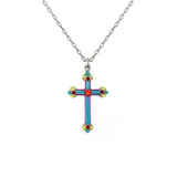 This Simple Cross Multi-Color Necklace by Firefly features a silver chain and a vibrant cross pendant adorned with blue, red, and yellow accents, along with a floral centerpiece—an exquisite piece of handmade jewelry inspired by the artistry of Firefly Jewelry.