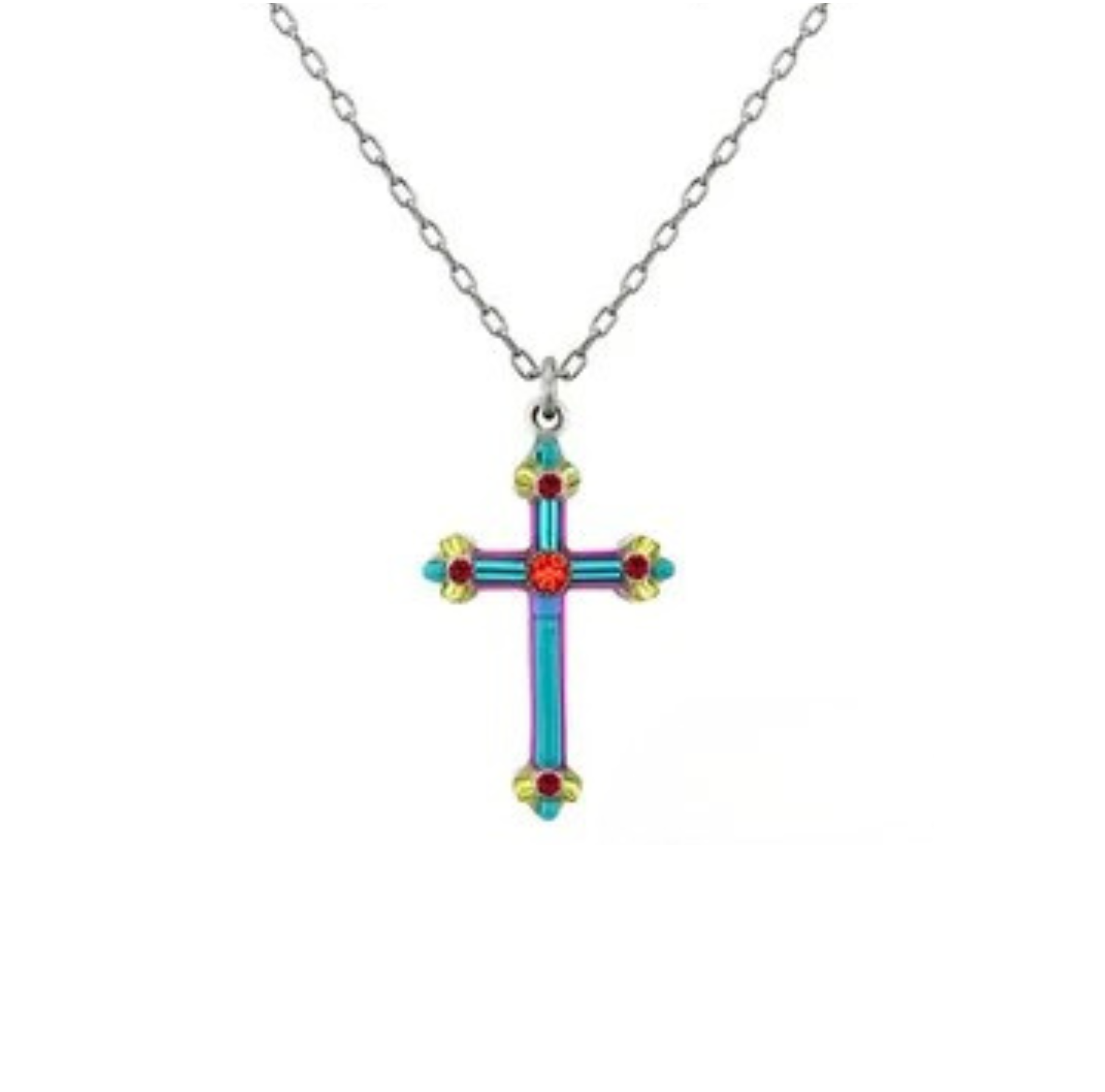 This Simple Cross Multi-Color Necklace by Firefly features a silver chain and a vibrant cross pendant adorned with blue, red, and yellow accents, along with a floral centerpiece—an exquisite piece of handmade jewelry inspired by the artistry of Firefly Jewelry.