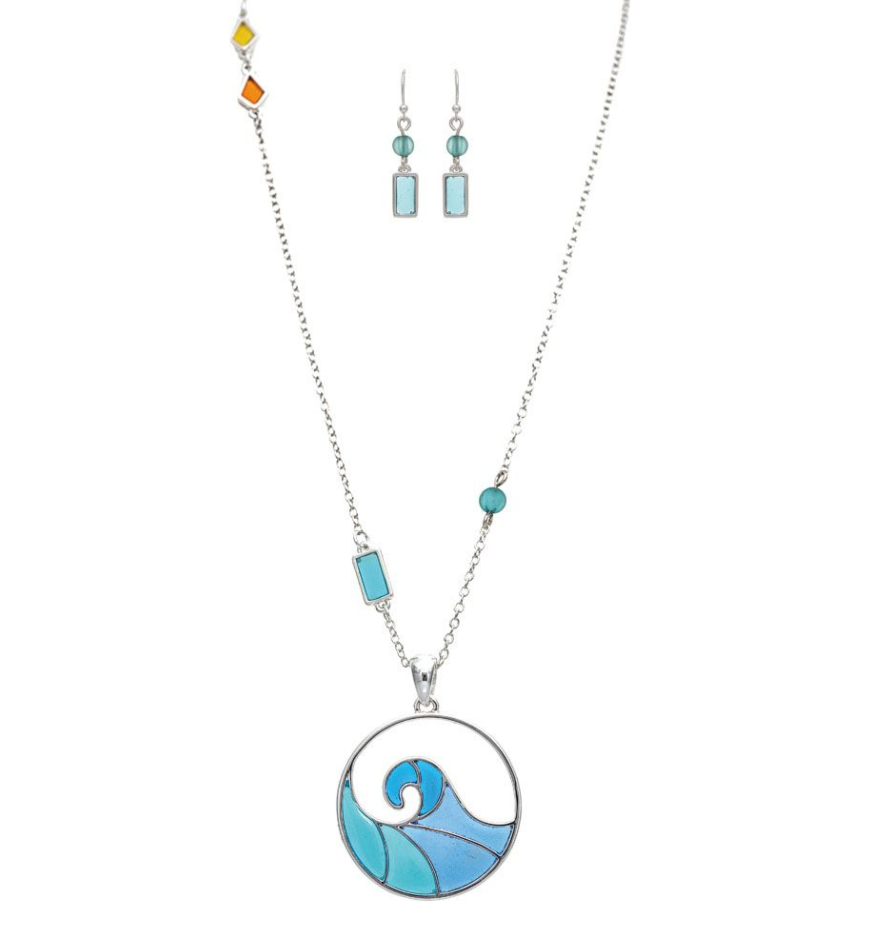 The A-Train Silver Blue Inlay Wave Necklace Set includes a silver necklace with a circular ocean wave pendant and matching earrings with turquoise and blue-green beads, plus colorful charms on one side of the mixed-metal chain.