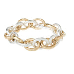 The A-Train Two-Toned Thick Chain Link Stretch Bracelet features alternating gold and silver oval links, displayed on a white background.