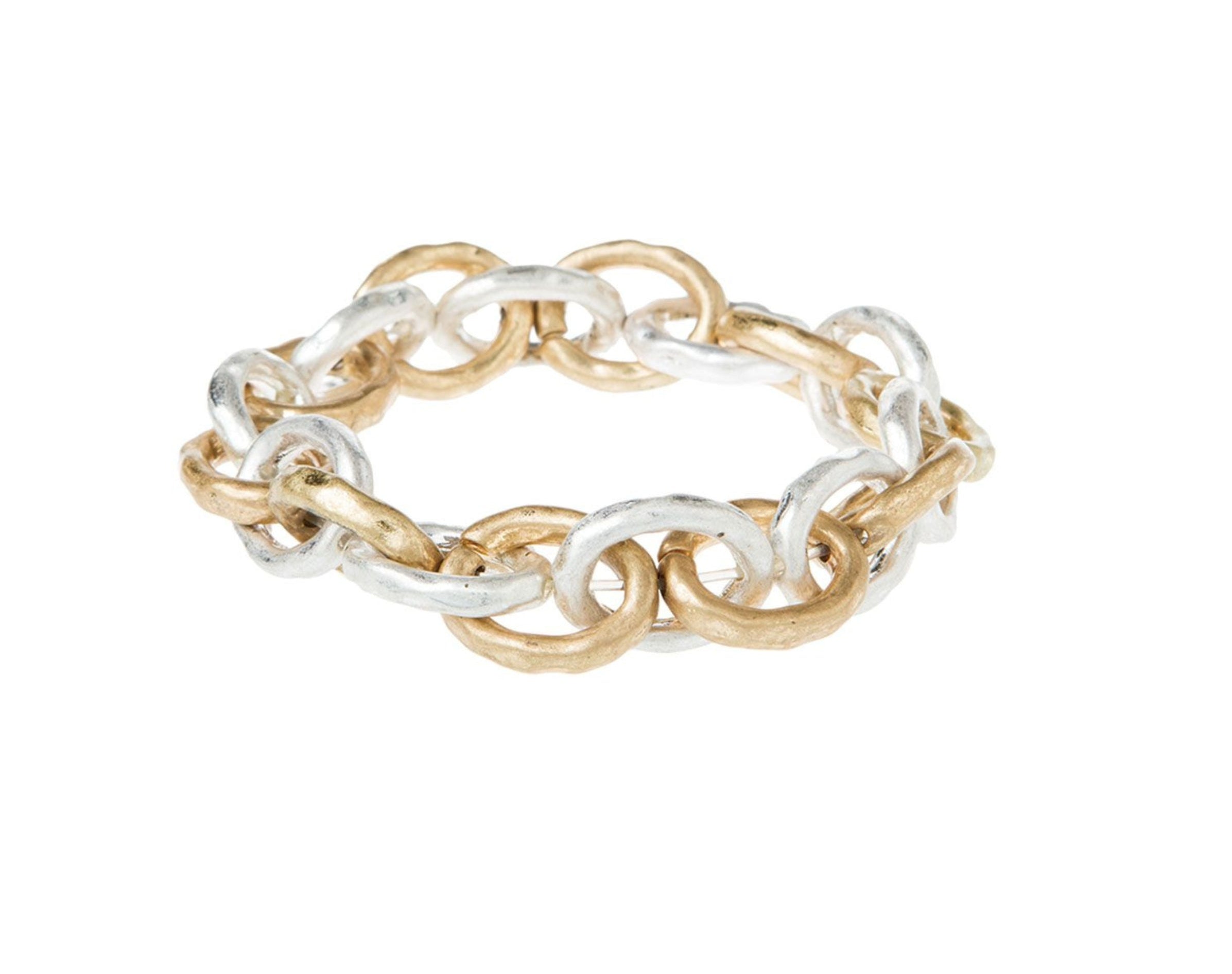 The A-Train Two-Toned Thick Chain Link Stretch Bracelet features alternating gold and silver oval links, displayed on a white background.