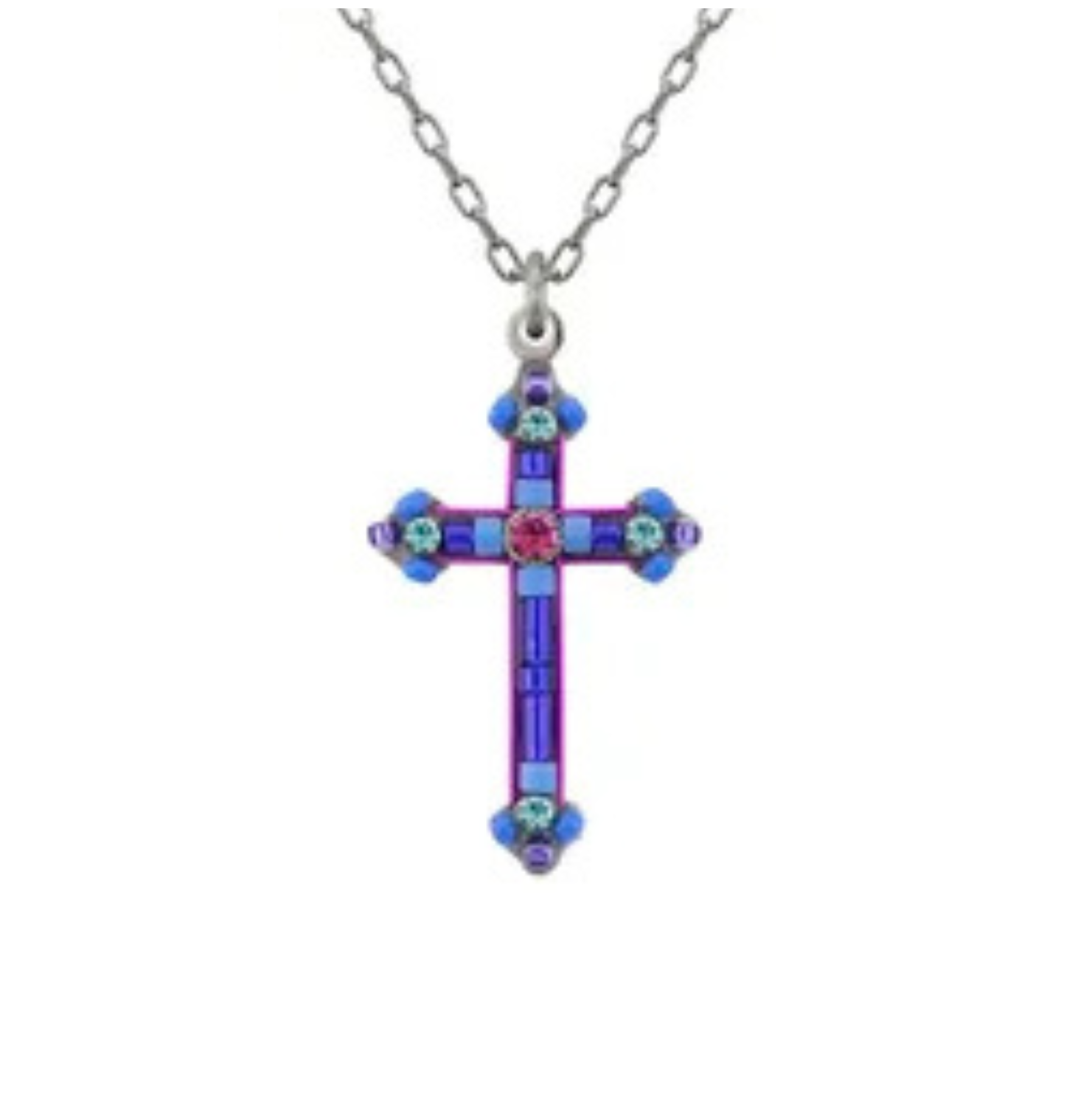 The Simple Cross Purple Necklace by Firefly features a silver chain and a cross pendant adorned with purple gemstones arranged in intricate patterns. Handmade in Guatemala by Firefly, this elegant piece reflects exquisite craftsmanship and vibrant artistry.