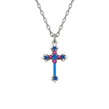 Experience the elegance of handcrafted jewelry with the Simple Cross Bermuda Blue Necklace from Firefly. This stunning Firefly Jewelry piece features a cross pendant beautifully adorned with vibrant blue and pink gemstones, all set against a crisp white background.
