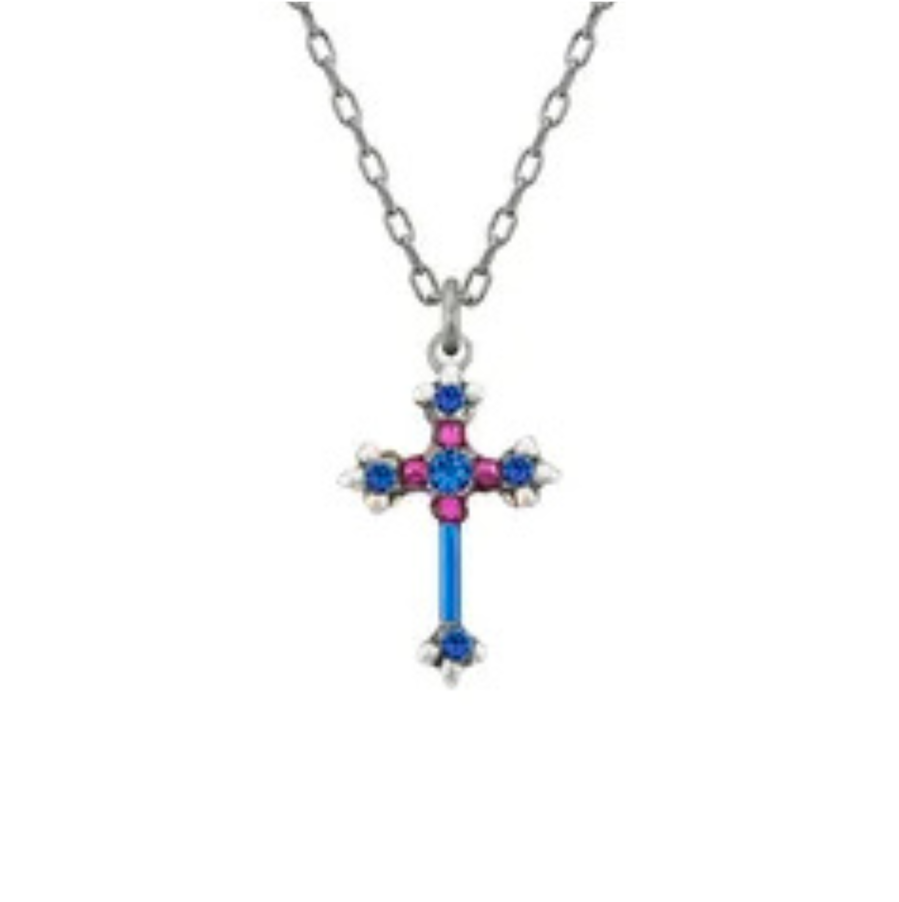 Experience the elegance of handcrafted jewelry with the Simple Cross Bermuda Blue Necklace from Firefly. This stunning Firefly Jewelry piece features a cross pendant beautifully adorned with vibrant blue and pink gemstones, all set against a crisp white background.