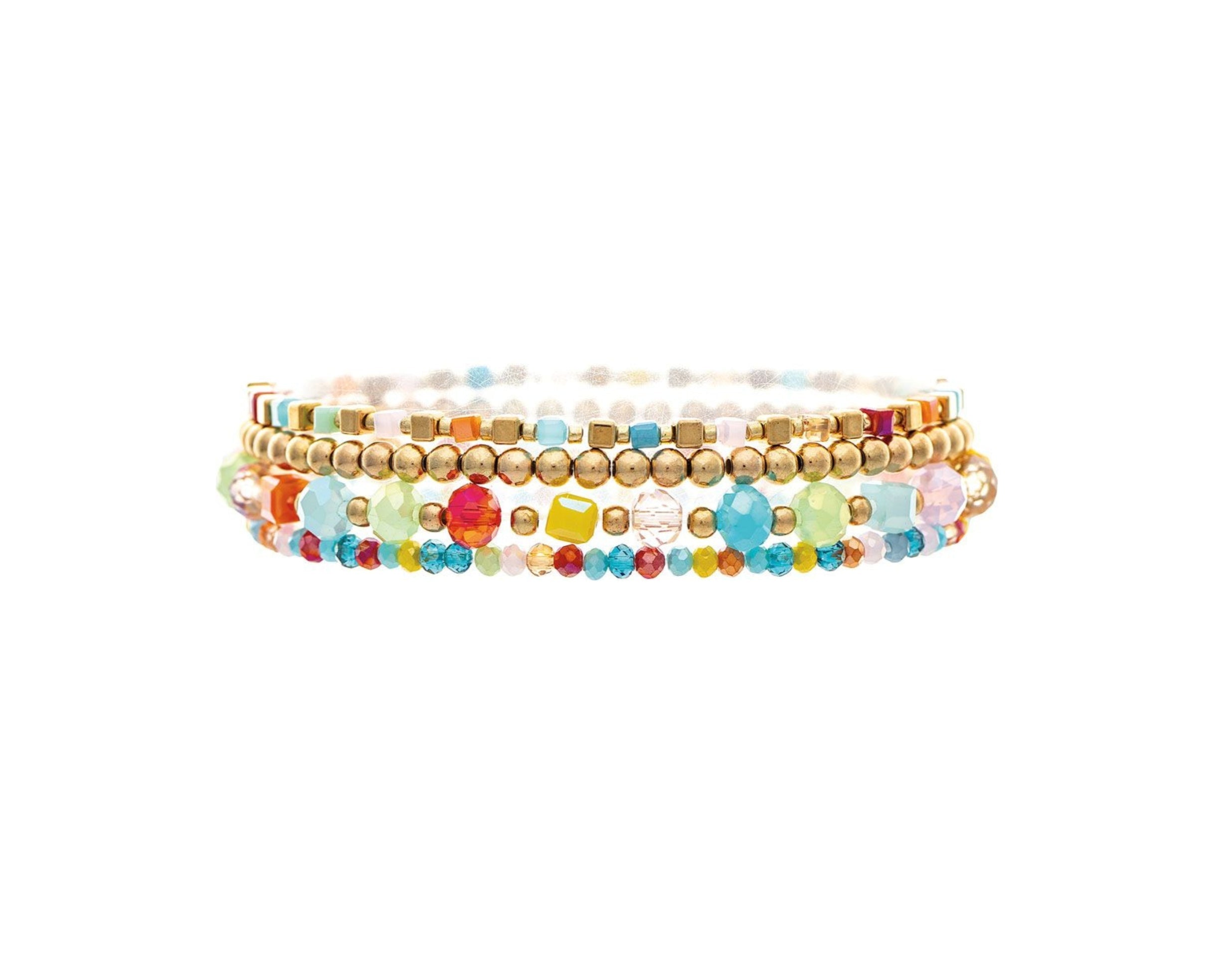 The A-Train Gold Bright Multi-Color 5 Piece Set Bracelet features five stackable bracelets with vibrant glass beads and gold metallic accents, including a gold bracelet, shown on a white background.