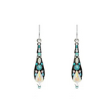 A pair of Gazelle Medium Drop Ice Earrings by Firefly, handmade in Guatemala, featuring long teardrop shapes adorned with turquoise, white, and black details, accented by small gemstones and a shiny iridescent touch near the bottom.