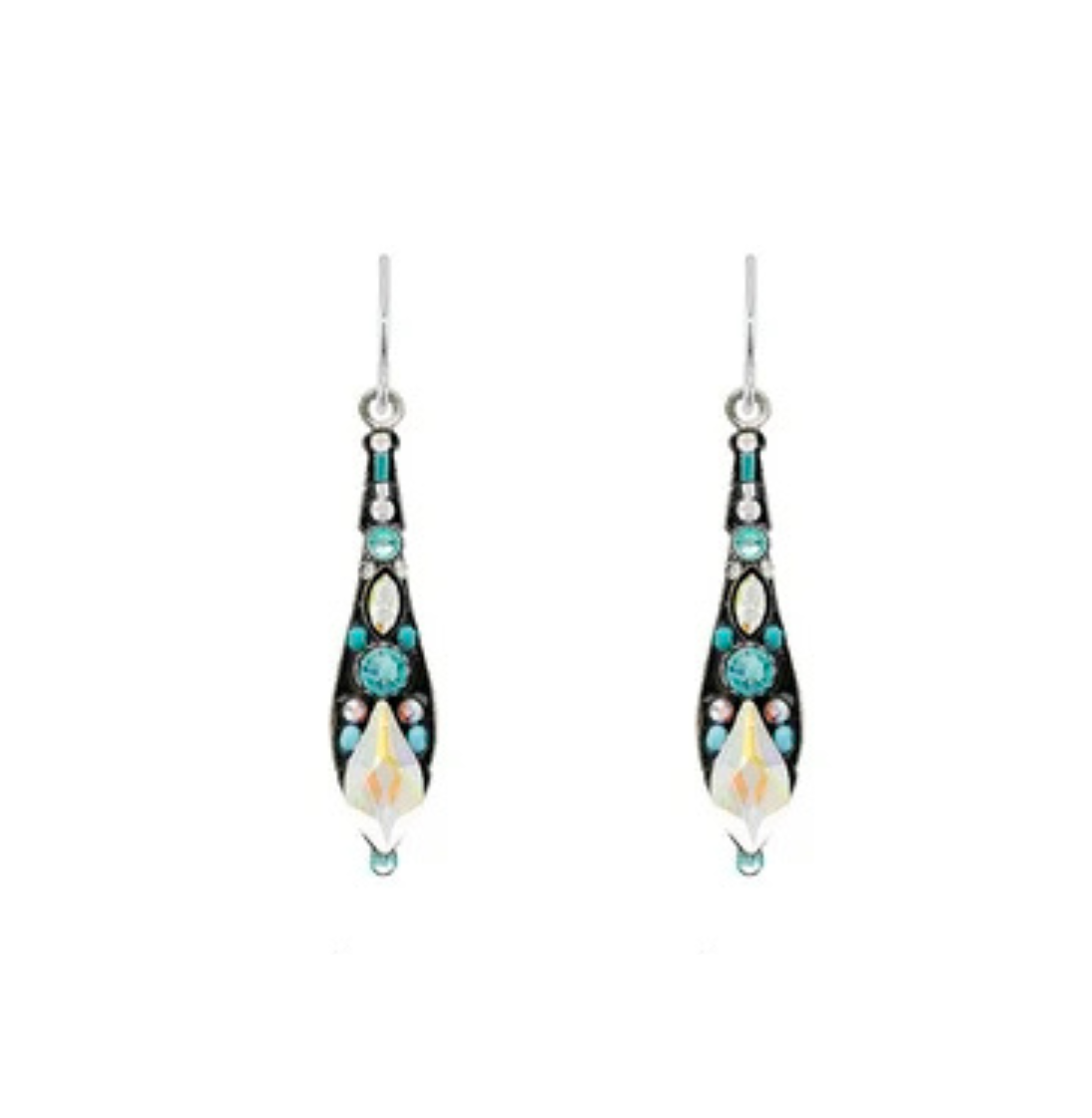 A pair of Gazelle Medium Drop Ice Earrings by Firefly, handmade in Guatemala, featuring long teardrop shapes adorned with turquoise, white, and black details, accented by small gemstones and a shiny iridescent touch near the bottom.