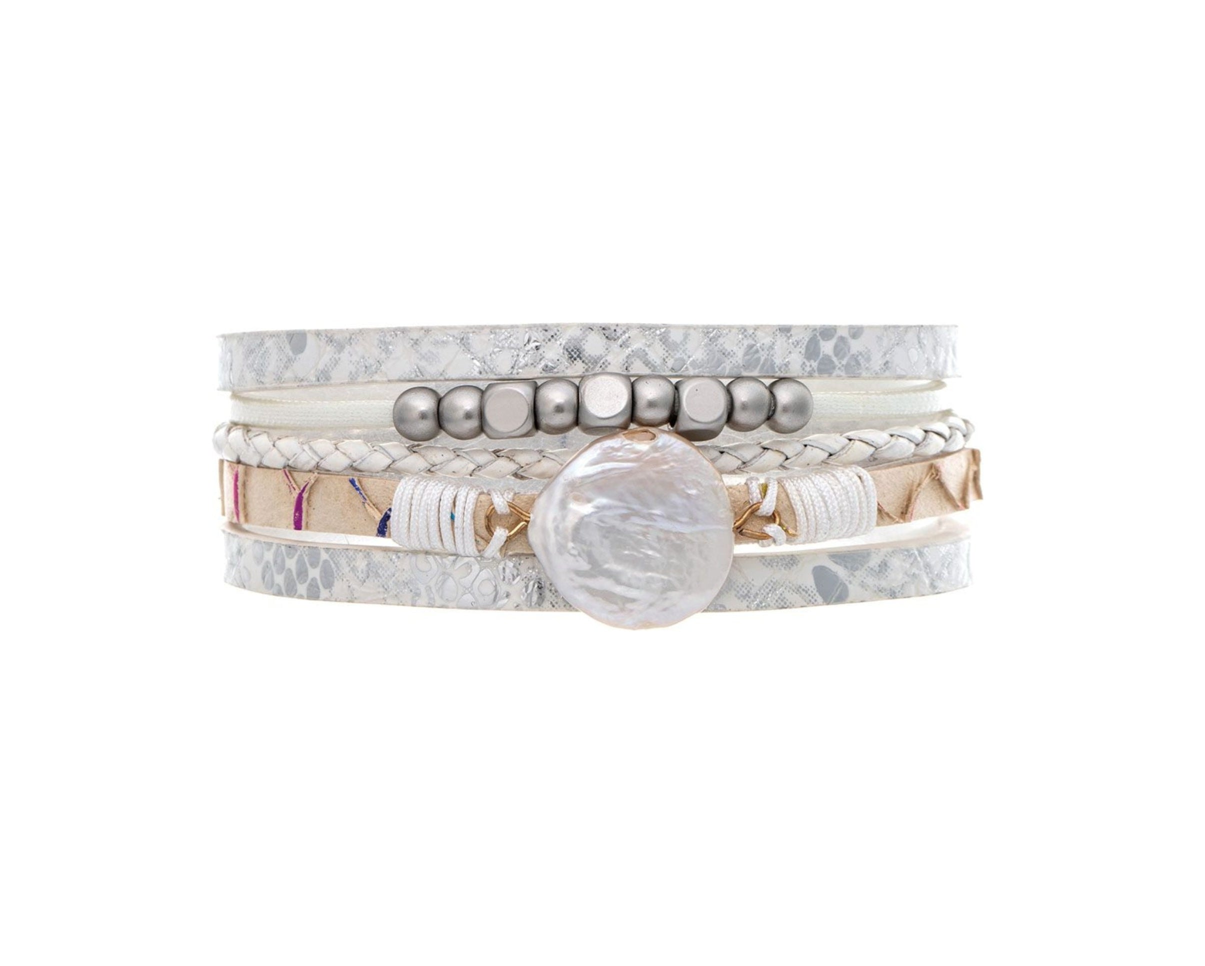 The A-Train Silver White Snake Fresh Water Pearl Rows Magnetic Bracelet features silver and white bands, braided details, metallic beads, and a large freshwater pearl centerpiece, displayed on a white background.