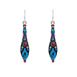 The Gazelle Medium Drop Bermuda Blue Earrings by Firefly feature an elongated teardrop design adorned with blue, pink, and purple gemstones, gracefully suspended from silver hooks. Handcrafted as part of the Firefly Jewelry collection, these fair-trade earrings exemplify exquisite craftsmanship.